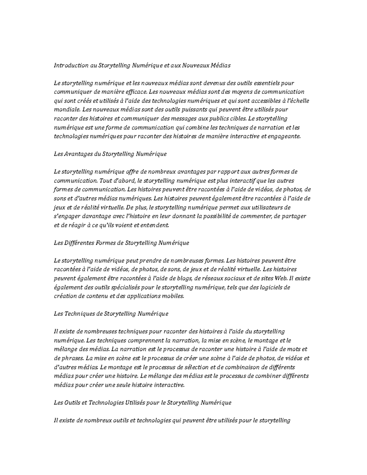 Digital Storytelling and New Media Notes de cours - Introduction au ...