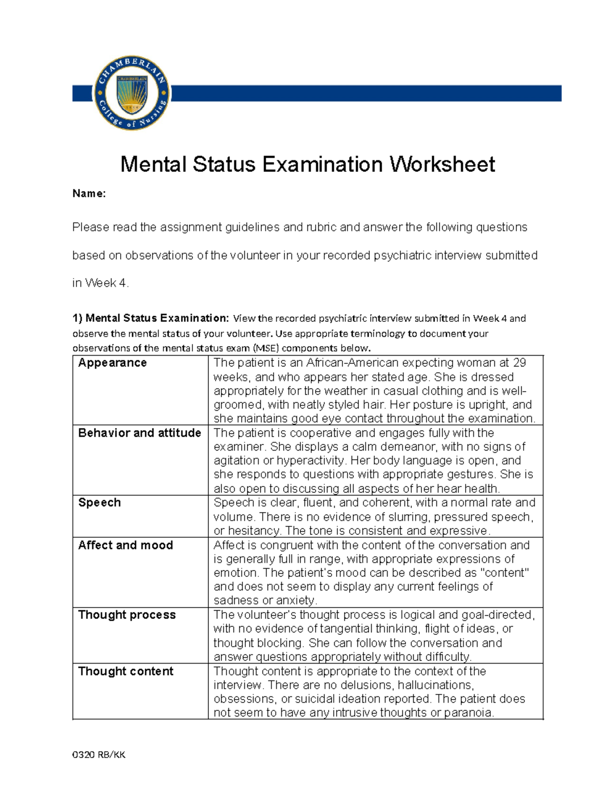 NR548 MSE Worksheet Revised - Mental Status Examination Worksheet Name ...