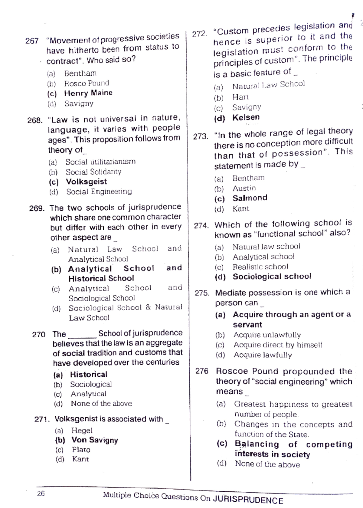 Jurisprudence (remaining) MCQs - "Custom Precedes Legislation And Hence ...