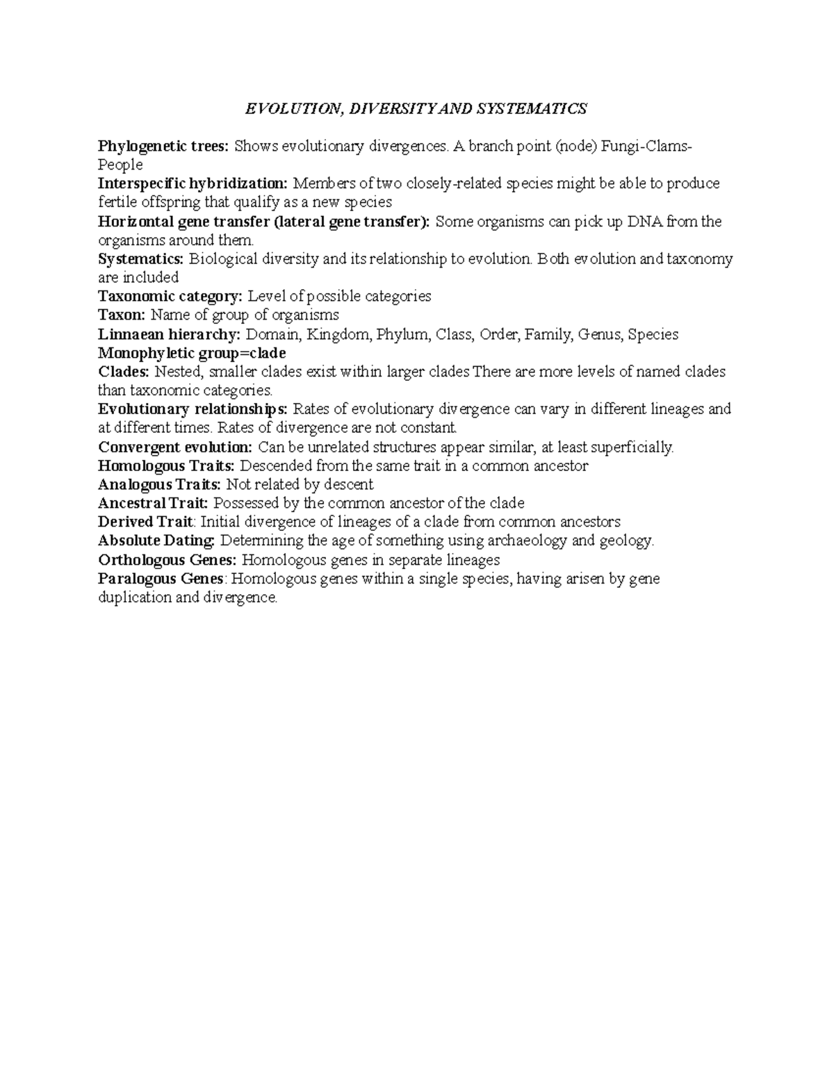 Evolution - Lecture notes 1 - EVOLUTION, DIVERSITY AND SYSTEMATICS ...