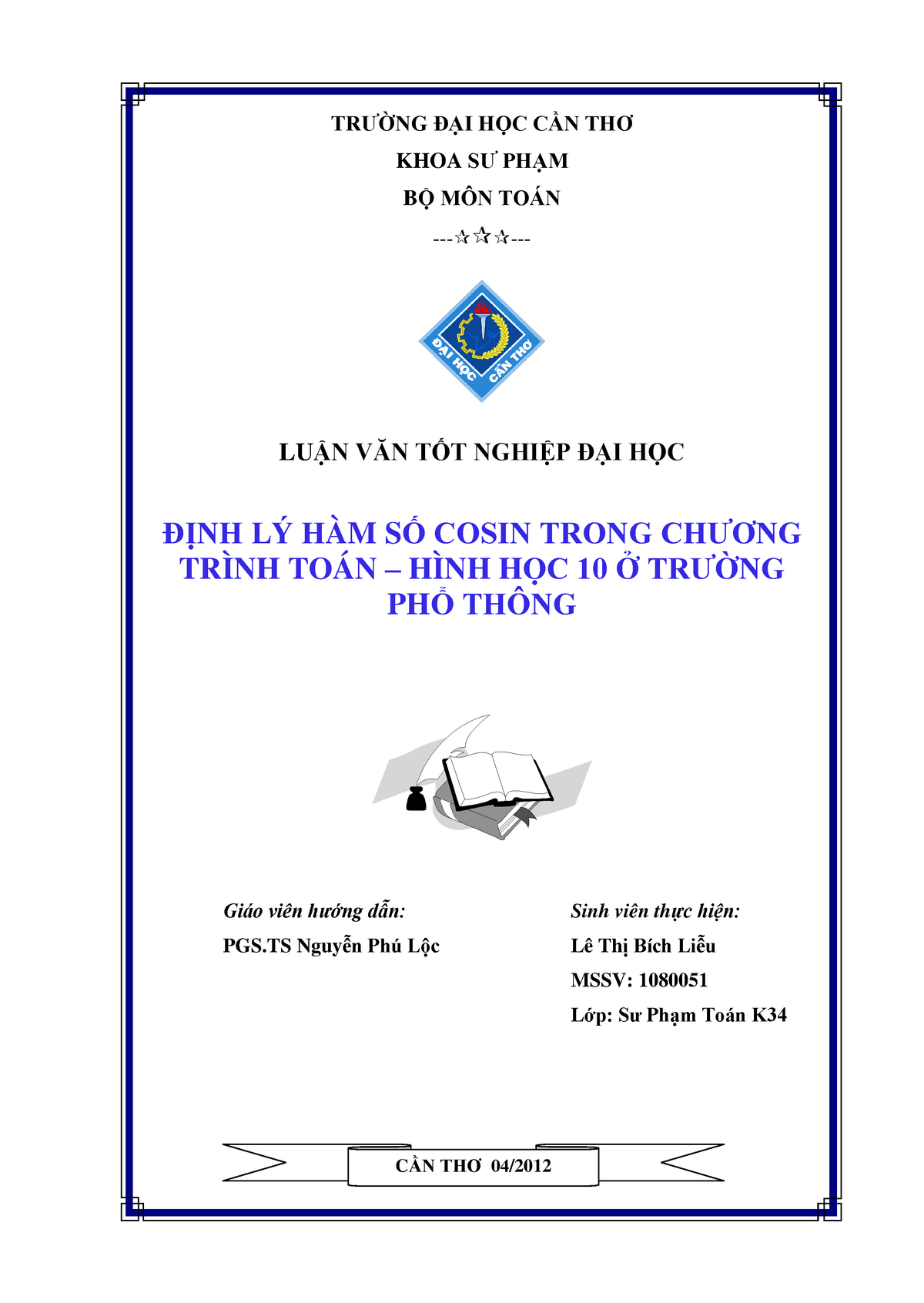 Dinh Li Ham So Cosin Trong Chuong Trinh Toan Hh 10 O Truong Pt - Cần Thơ  04/ Trường Đại Học Cần Thơ - Studocu