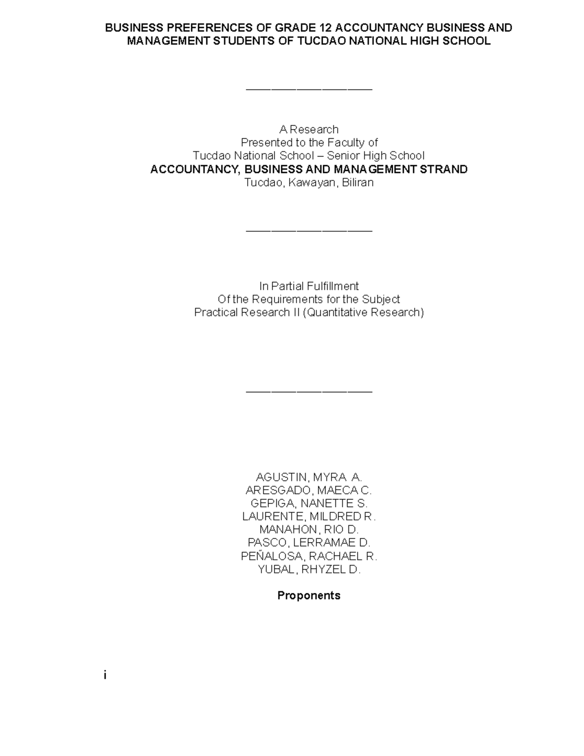 PR2🔍 front page - BUSINESS PREFERENCES OF GRADE 12 ACCOUNTANCY BUSINESS ...