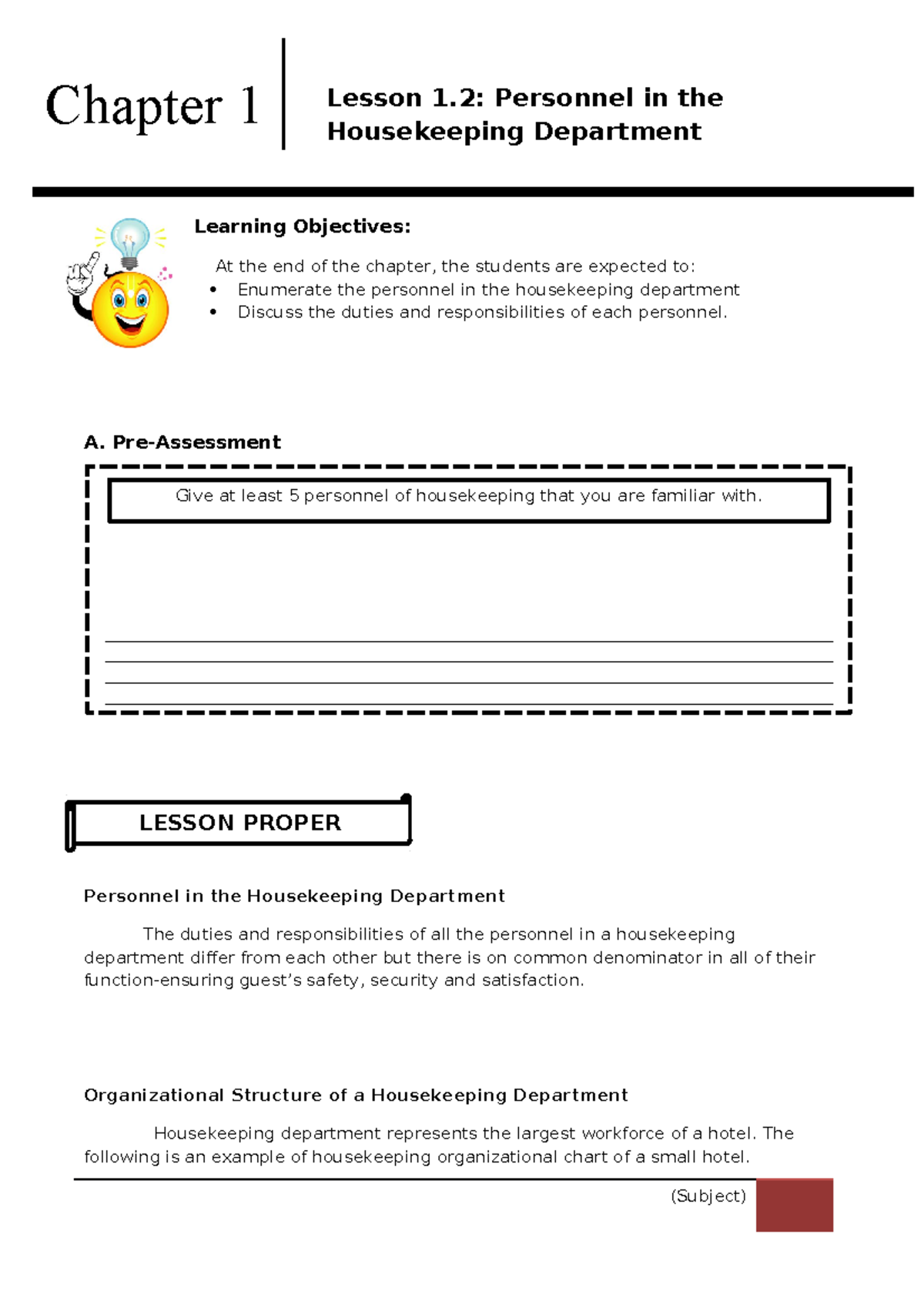 Housekeeping Module 1 Grade 11 TVL Lesson 1 Personnel in the