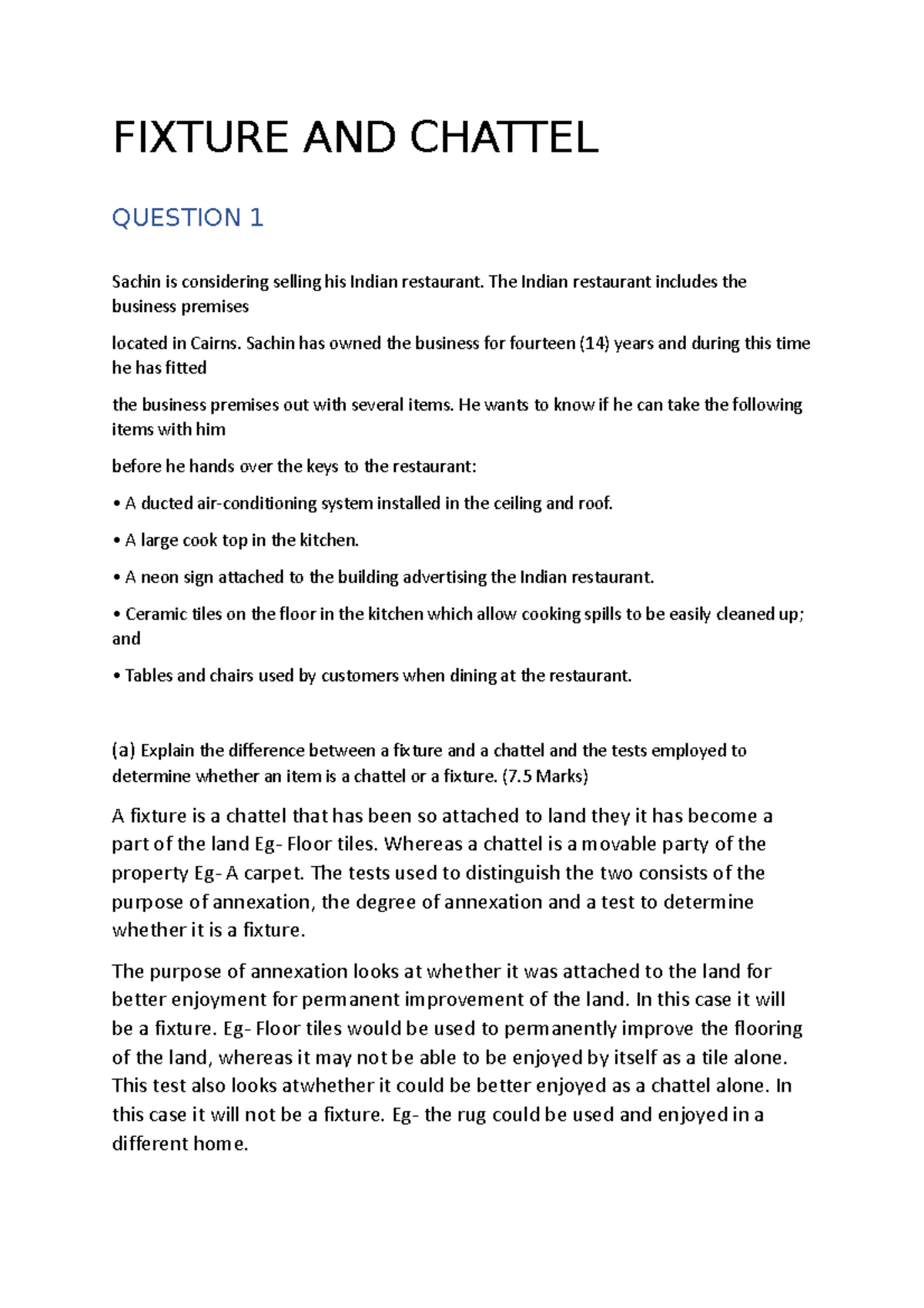 Fixture AND Chattel exam preparations FIXTURE AND CHATTEL QUESTION