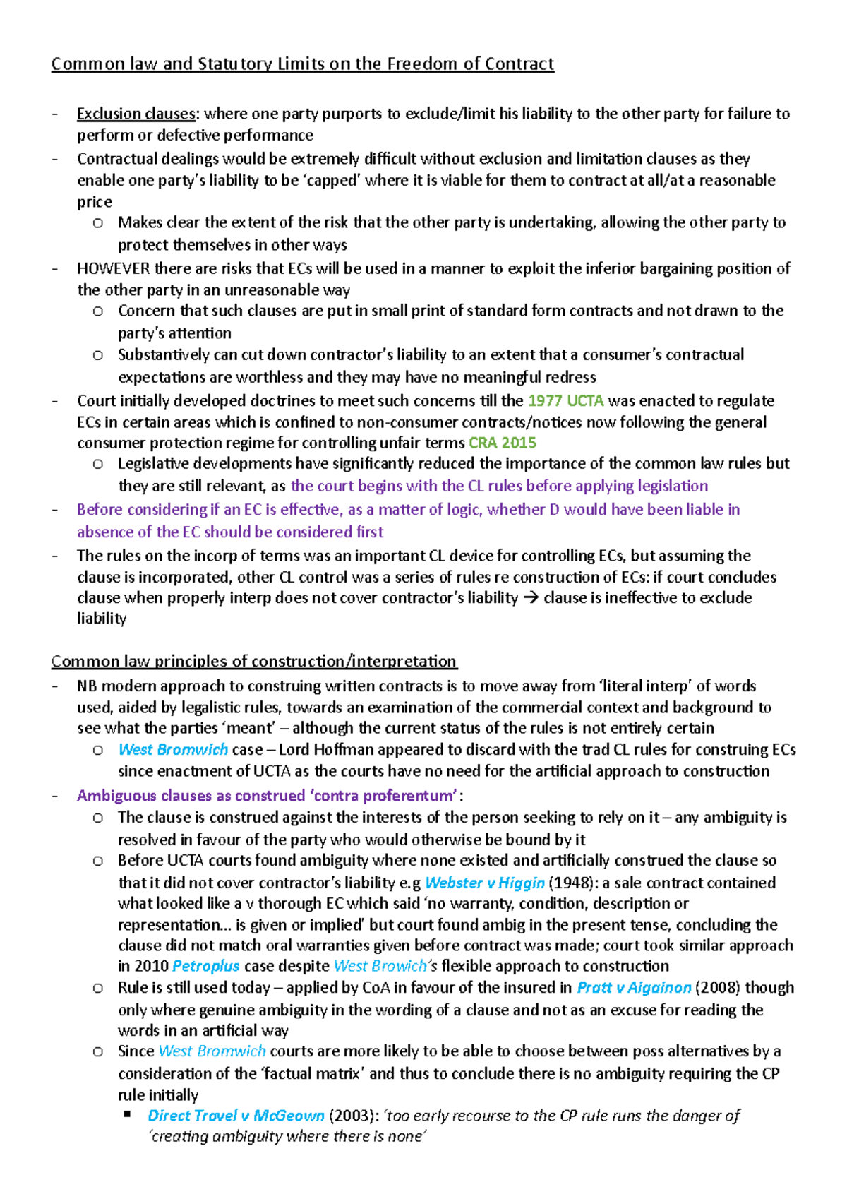 Common law and statutory limits on freedom of contract Common law and