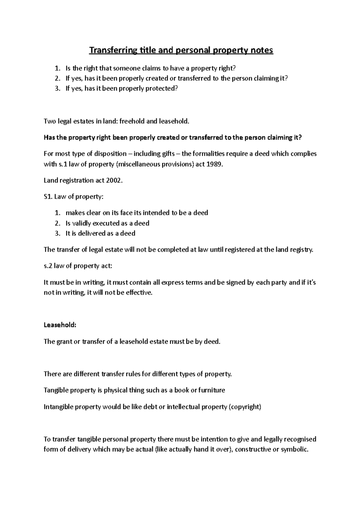 Transferring title, personal property notes - Transferring title and ...