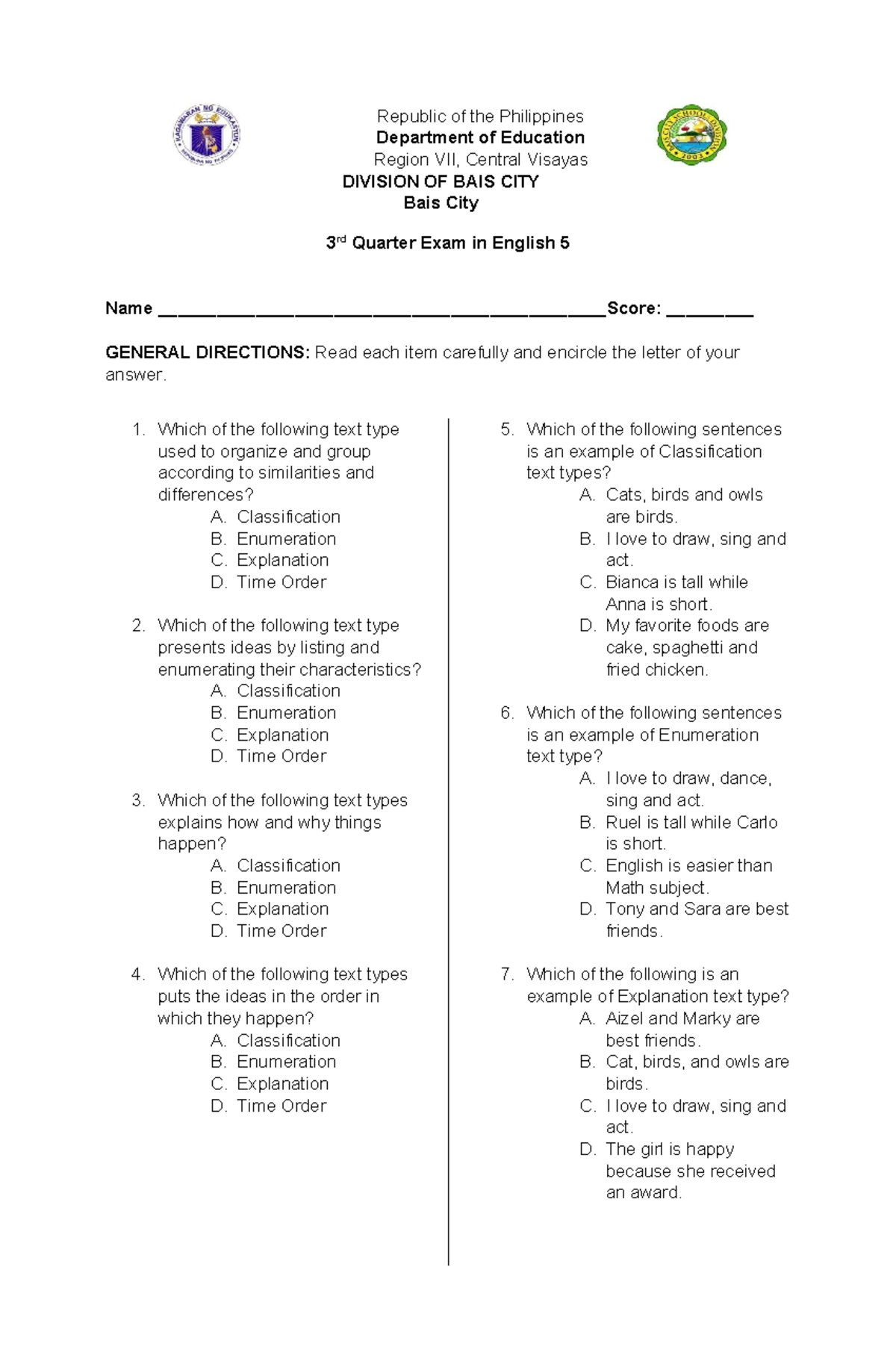 Eng 5 Test Paper Q3 Republic Of The Philippines Department Of Education Region Vii Central 1085