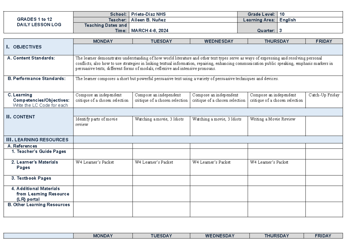 A.B. Nunez ( March 4-8, 2024) - GRADES 1 to 12 DAILY LESSON LOG School ...