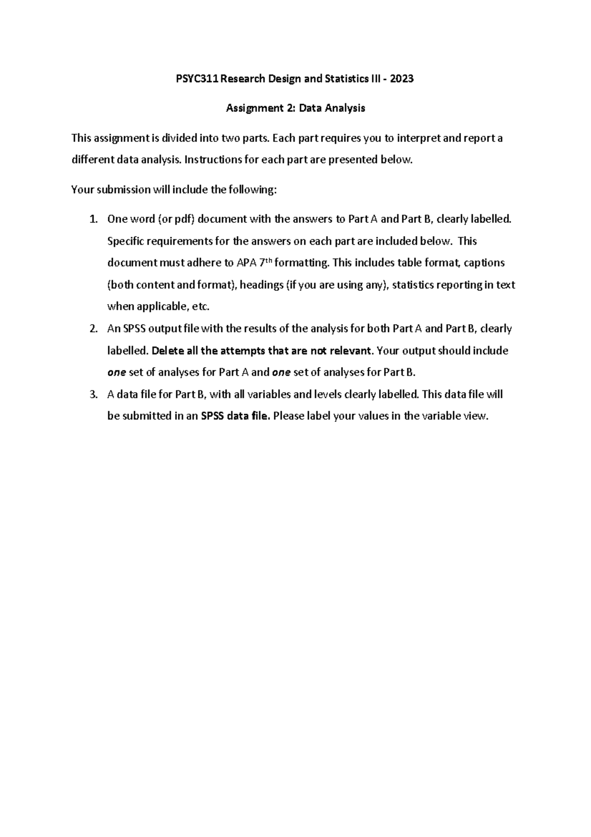 PSYC311 2023 Assignment 2- Data Analysis - PSYC311 Research Design and ...