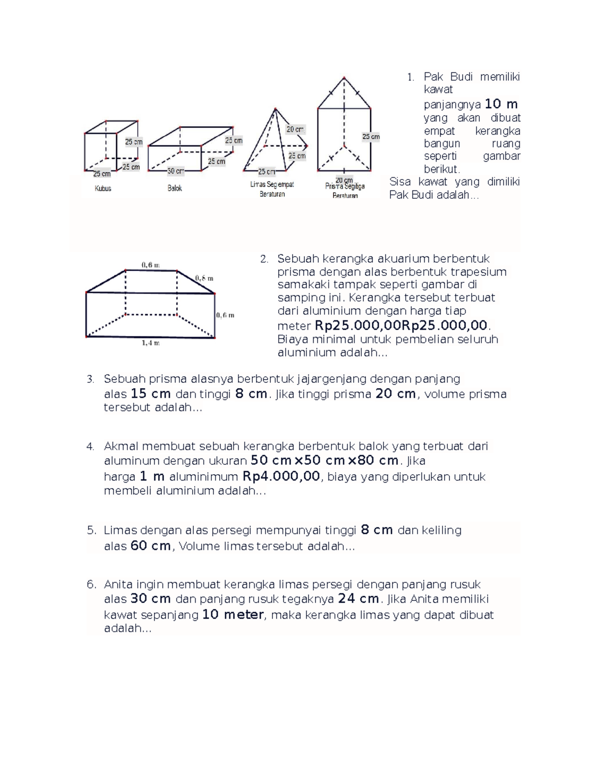 Soal Bangun Ruang (volume) - 1. Pak Budi Memiliki Kawat Panjangnya 10 M ...