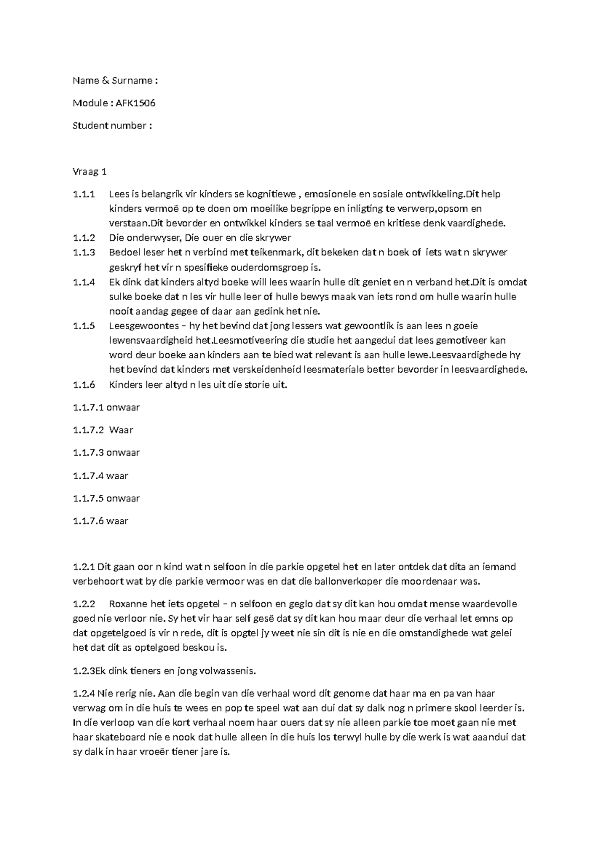Afrikaans Assignment 3AG Name & Surname Module AFK Student