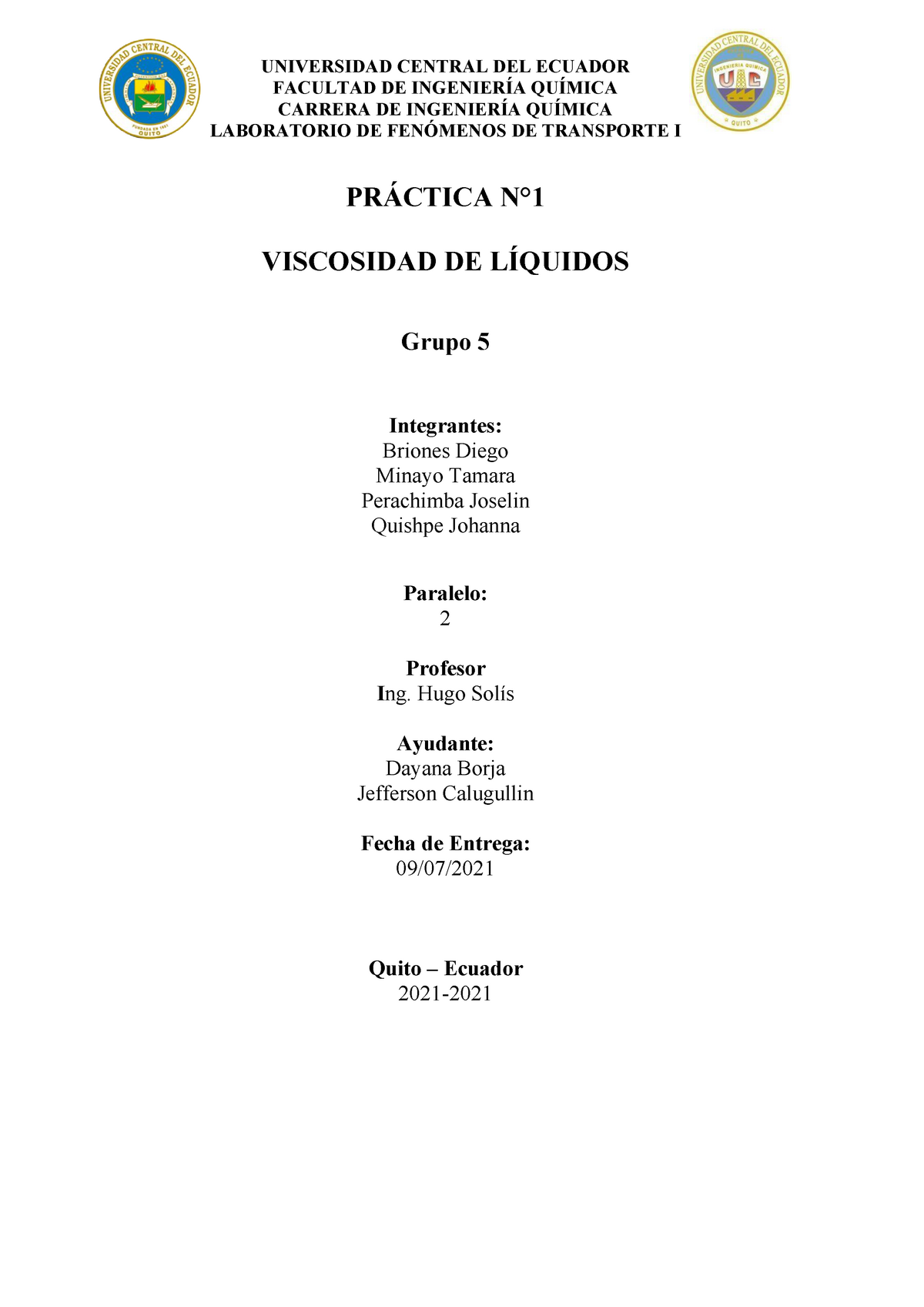 Informe N 1 Viscosidad DE Líquidos - FACULTAD DE INGENIERÍA QUÍMICA ...