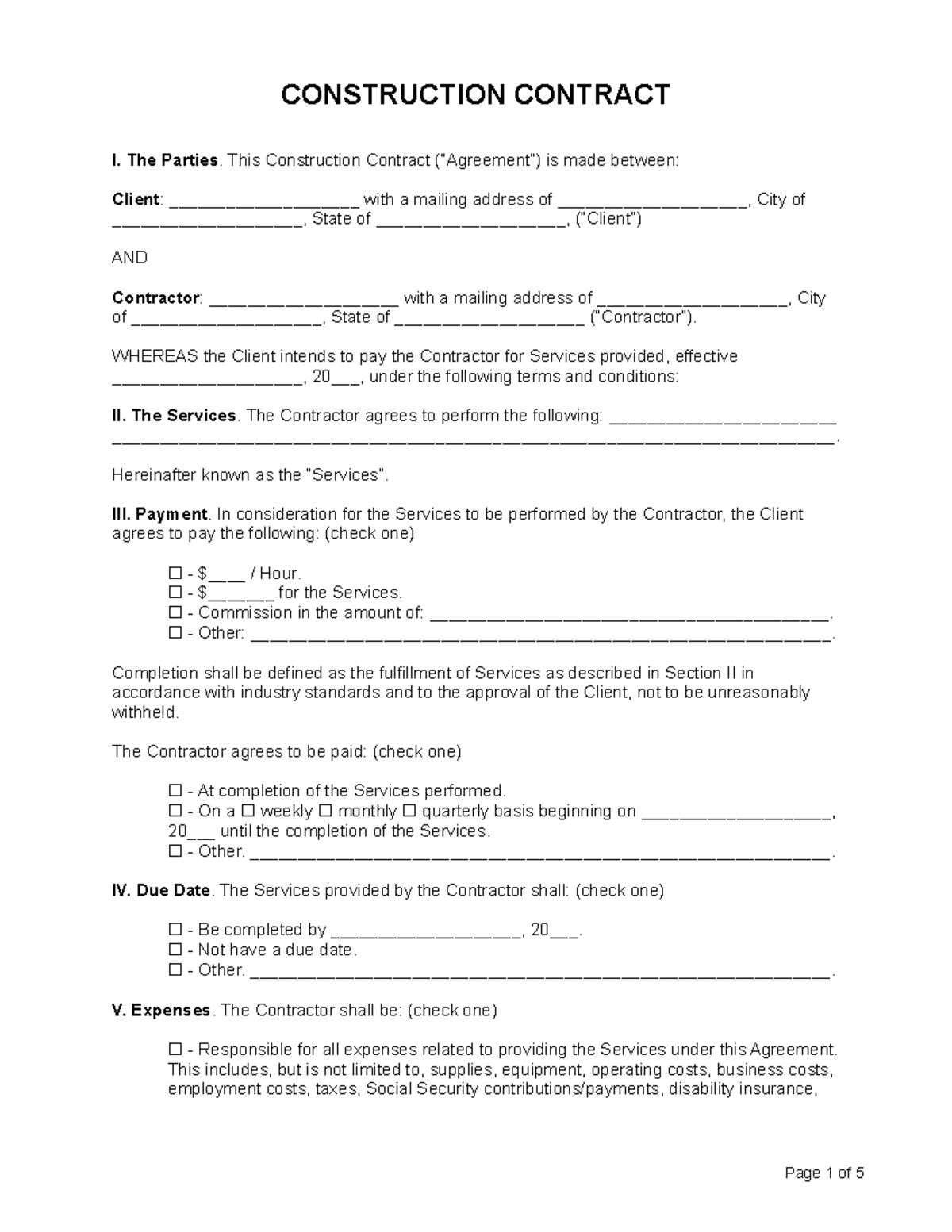 Construction-Contract-Template - CONSTRUCTION CONTRACT I. The Parties ...