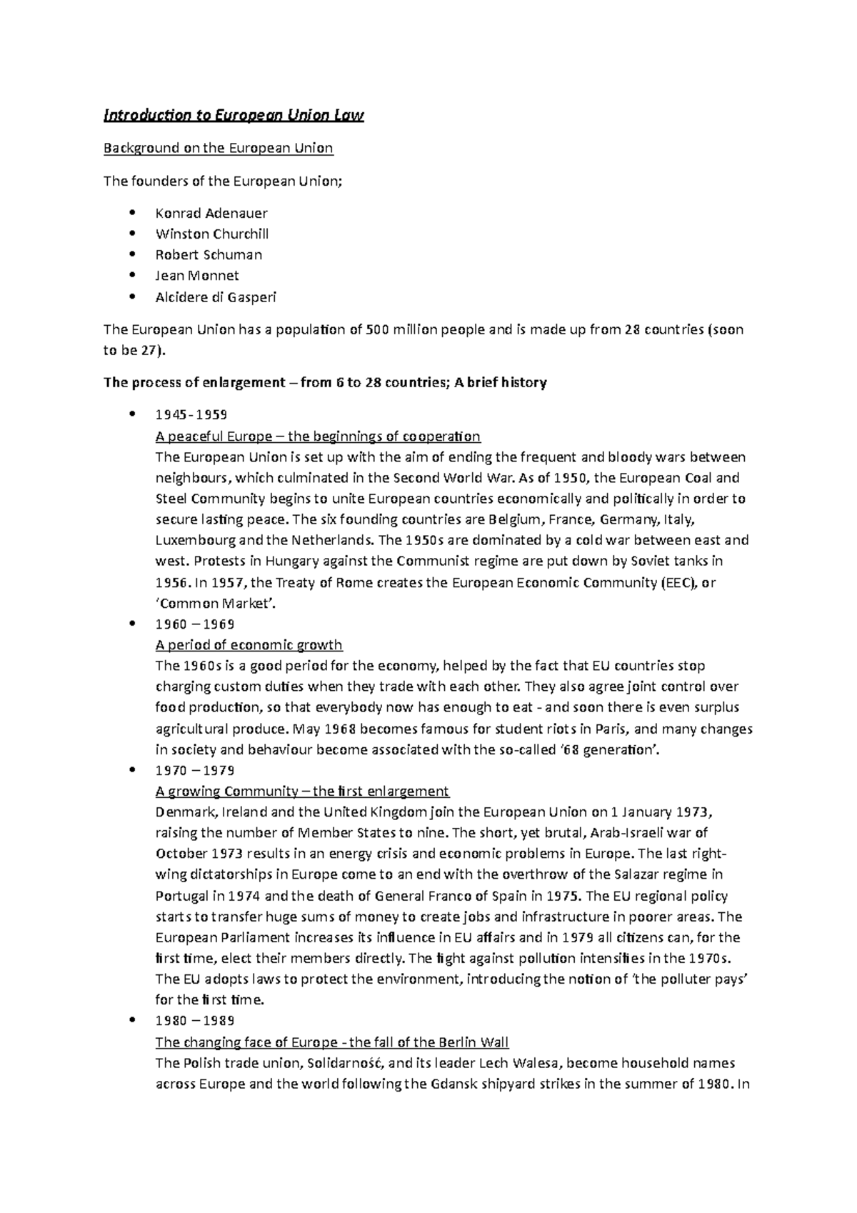 EU law lecture notes - Introduction to European Union Law Background on ...