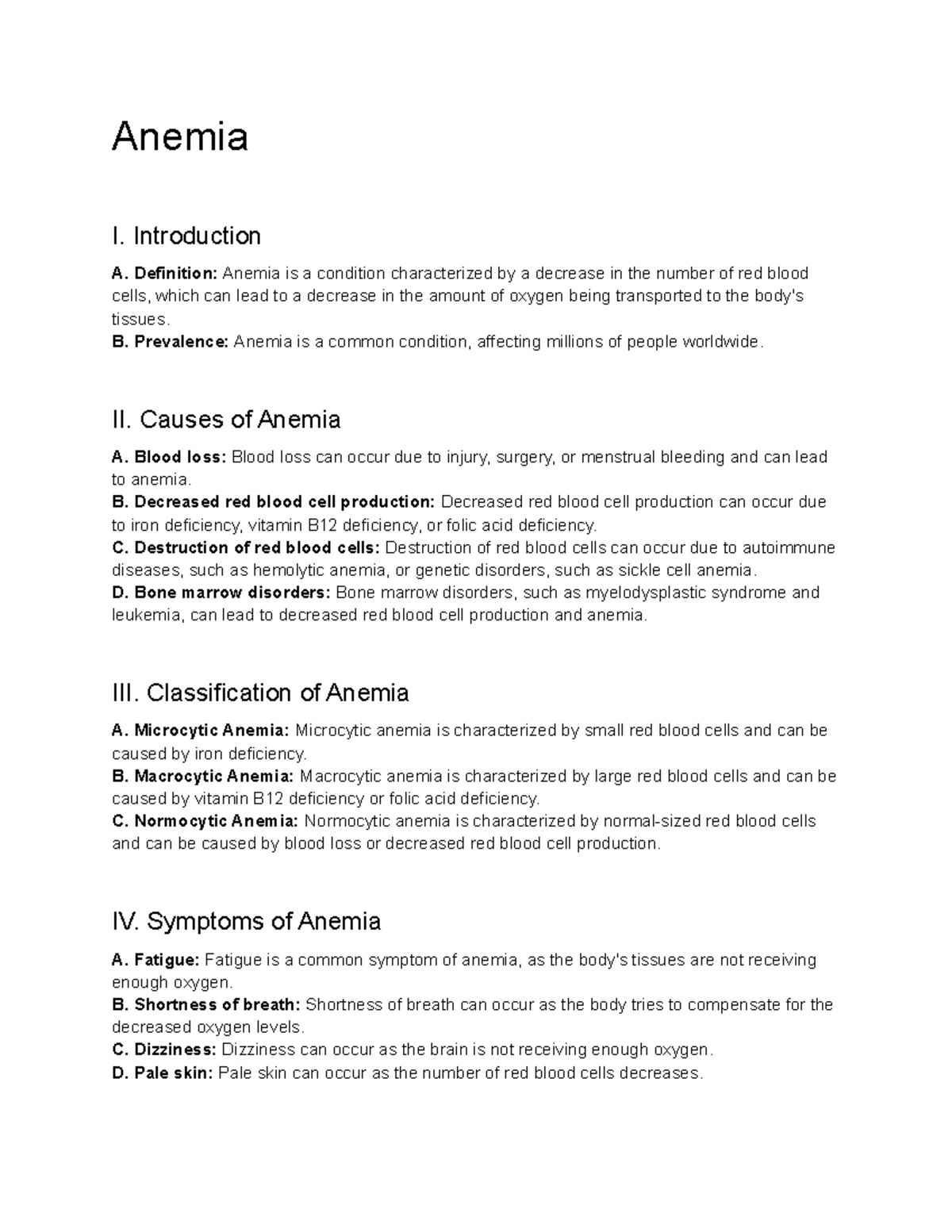 Pathophysiology (NUR 322) Lecture 17 Anemia Anemia I. Introduction