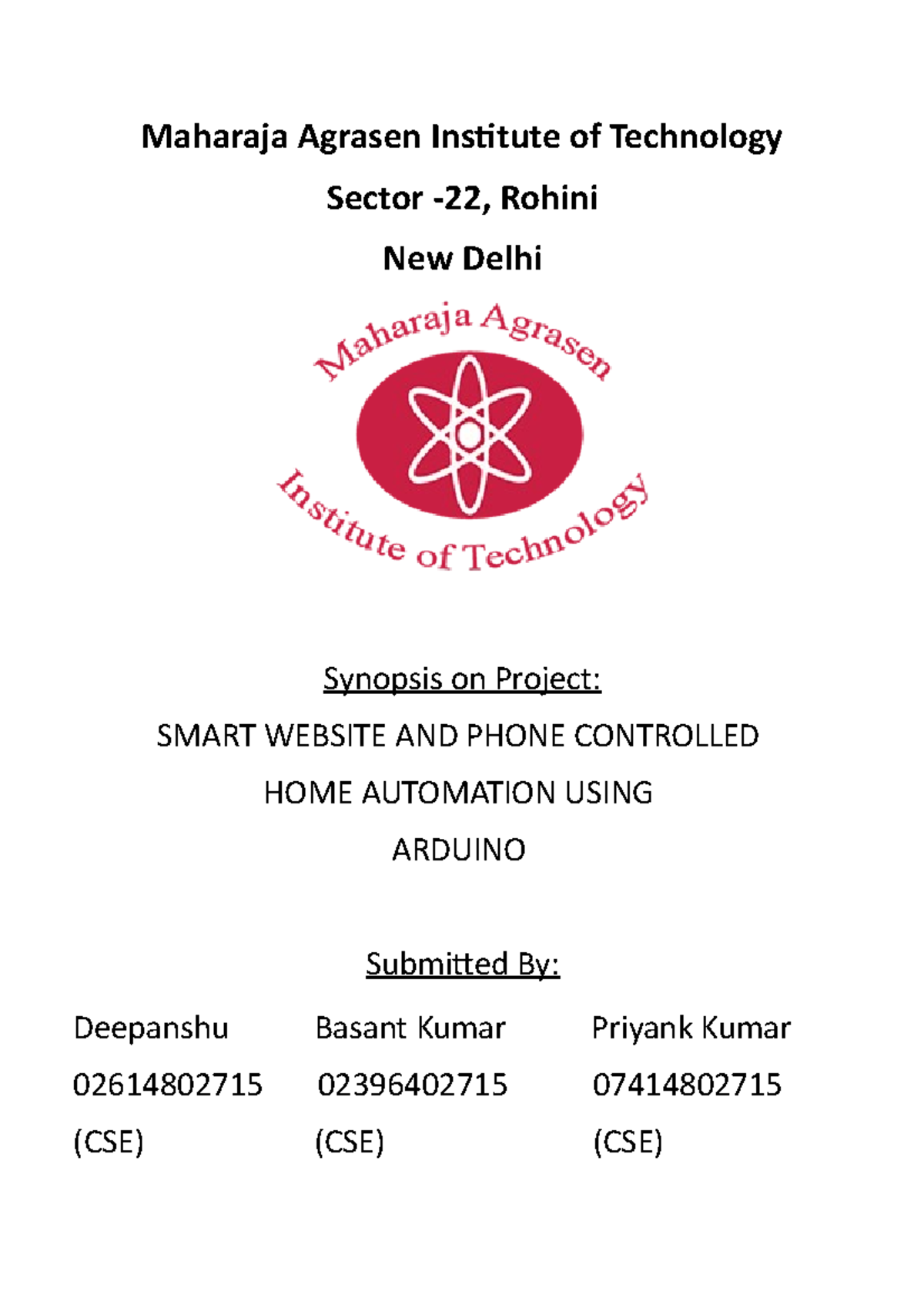 Synopsis smart home - Maharaja Agrasen Institute of Technology Sector ...