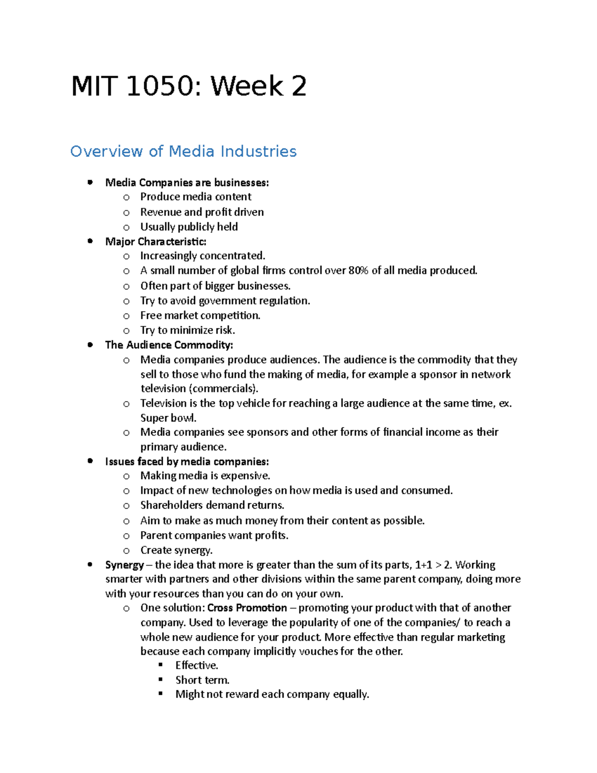 MIT 1050 - Week 2 Notes - MIT 1050: Week 2 Overview of Media Industries ...
