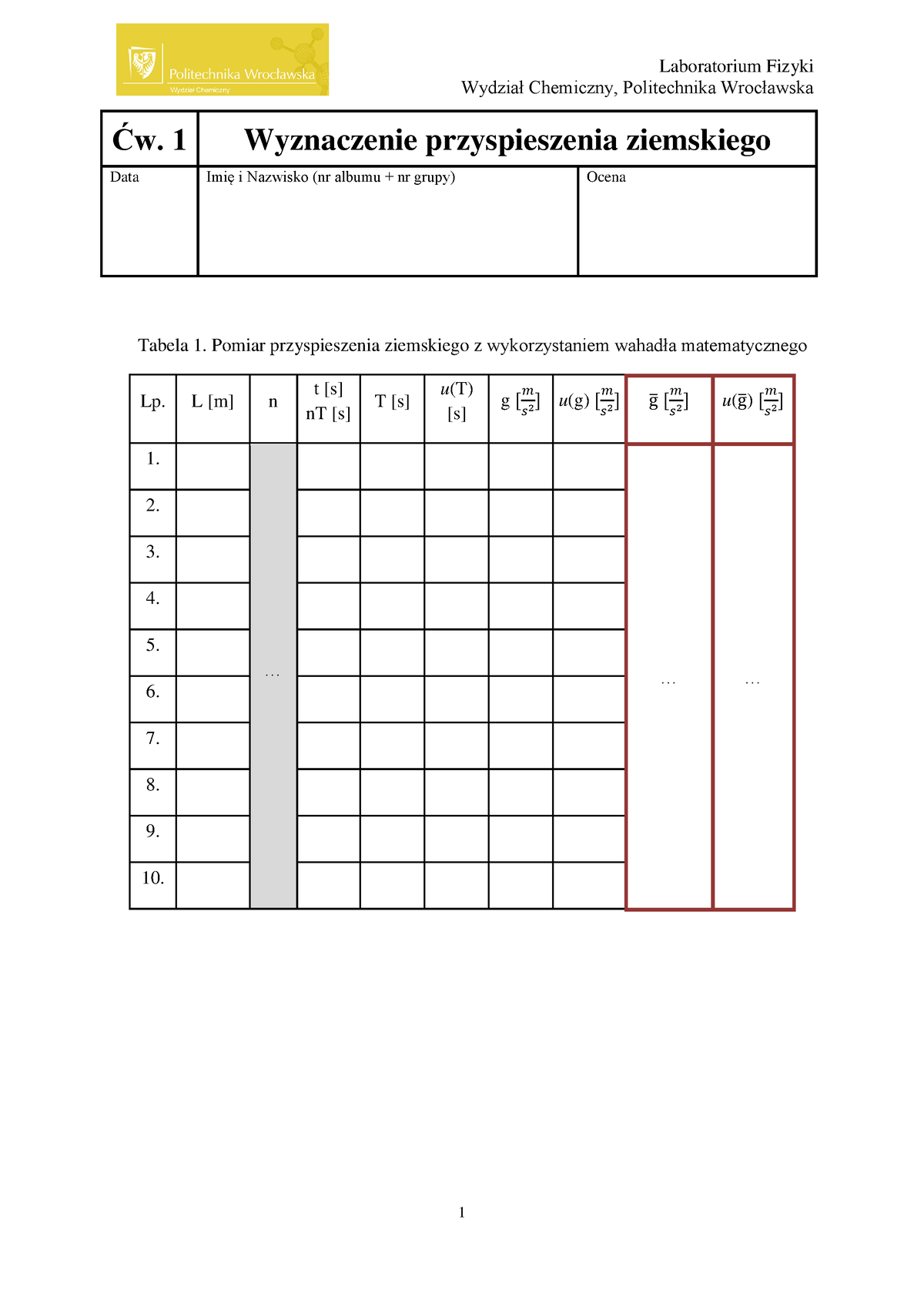 1 Arkusz - Mmmm - Laboratorium Fizyki Wydział Chemiczny, Politechnika ...
