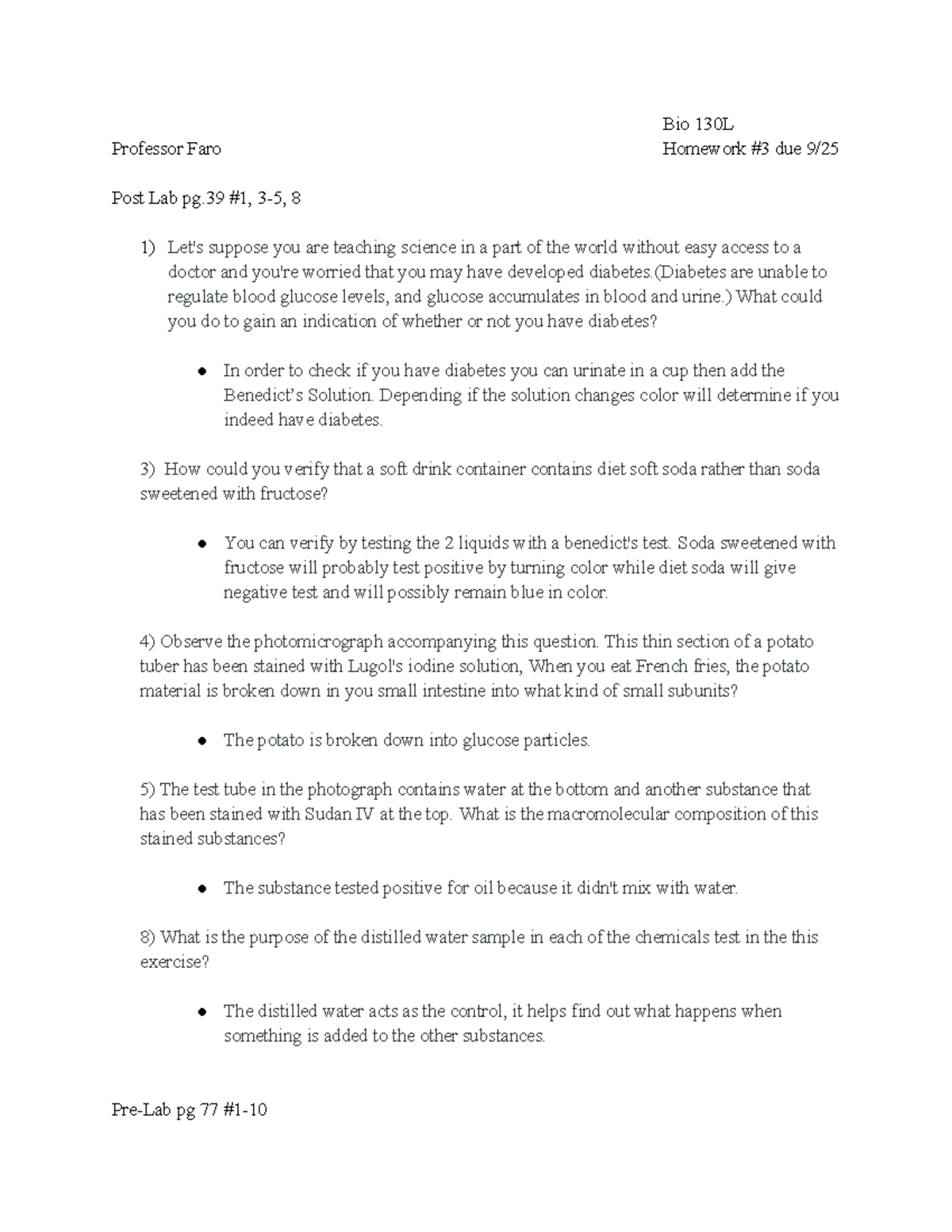 Bio 130L Hw#3 Professor Faro - Bio 130L Professor Faro Homework #3 due ...