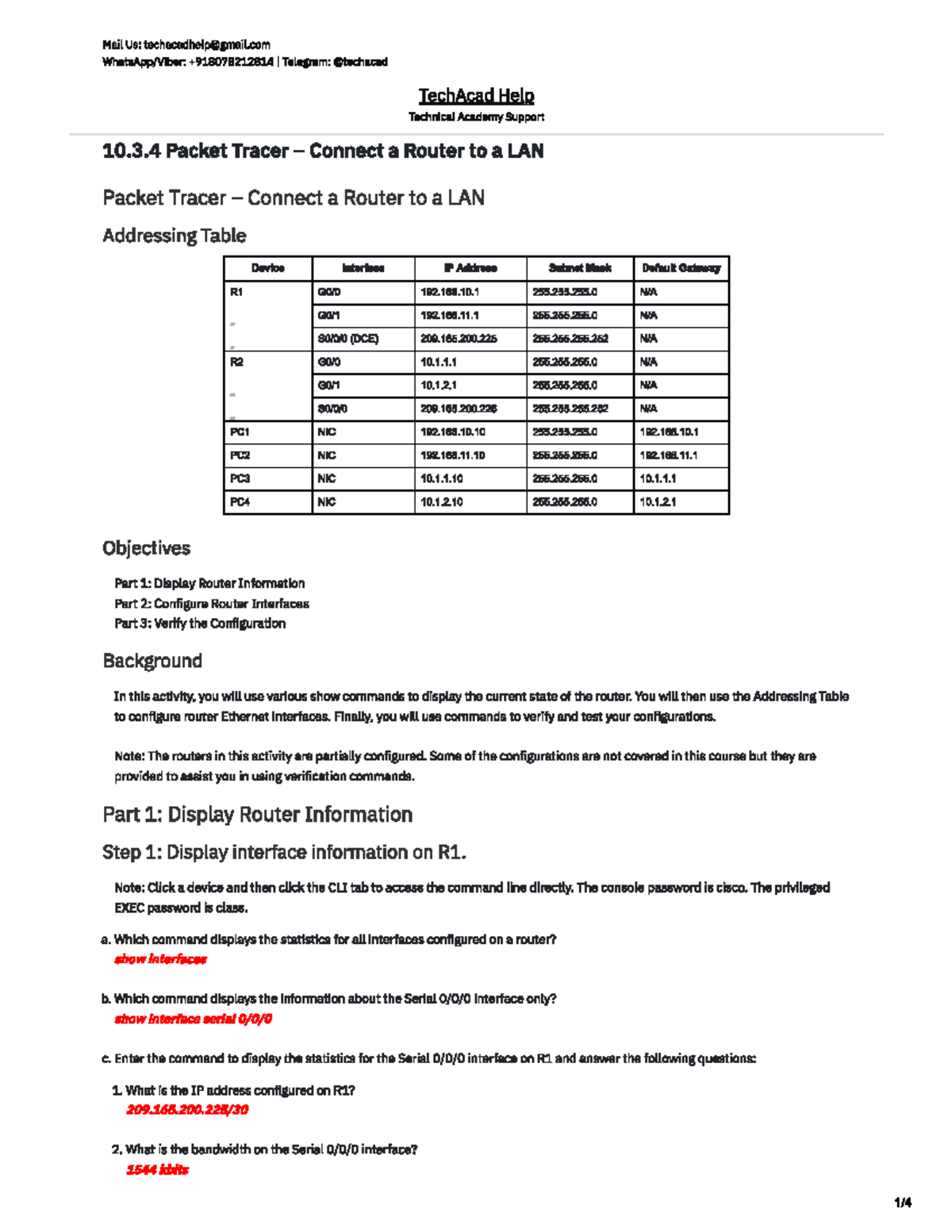 10.3.4 Packet Tracer – Connect a Router to a LAN - Mail Us: I Telegram ...