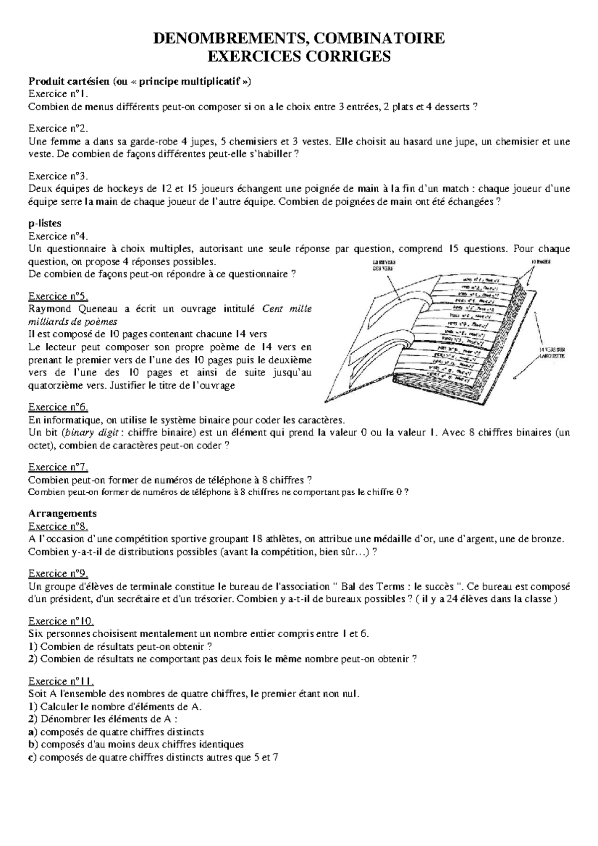 Analyse Combinatoire - DENOMBREMENTS, COMBINATOIRE EXERCICES CORRIGES ...