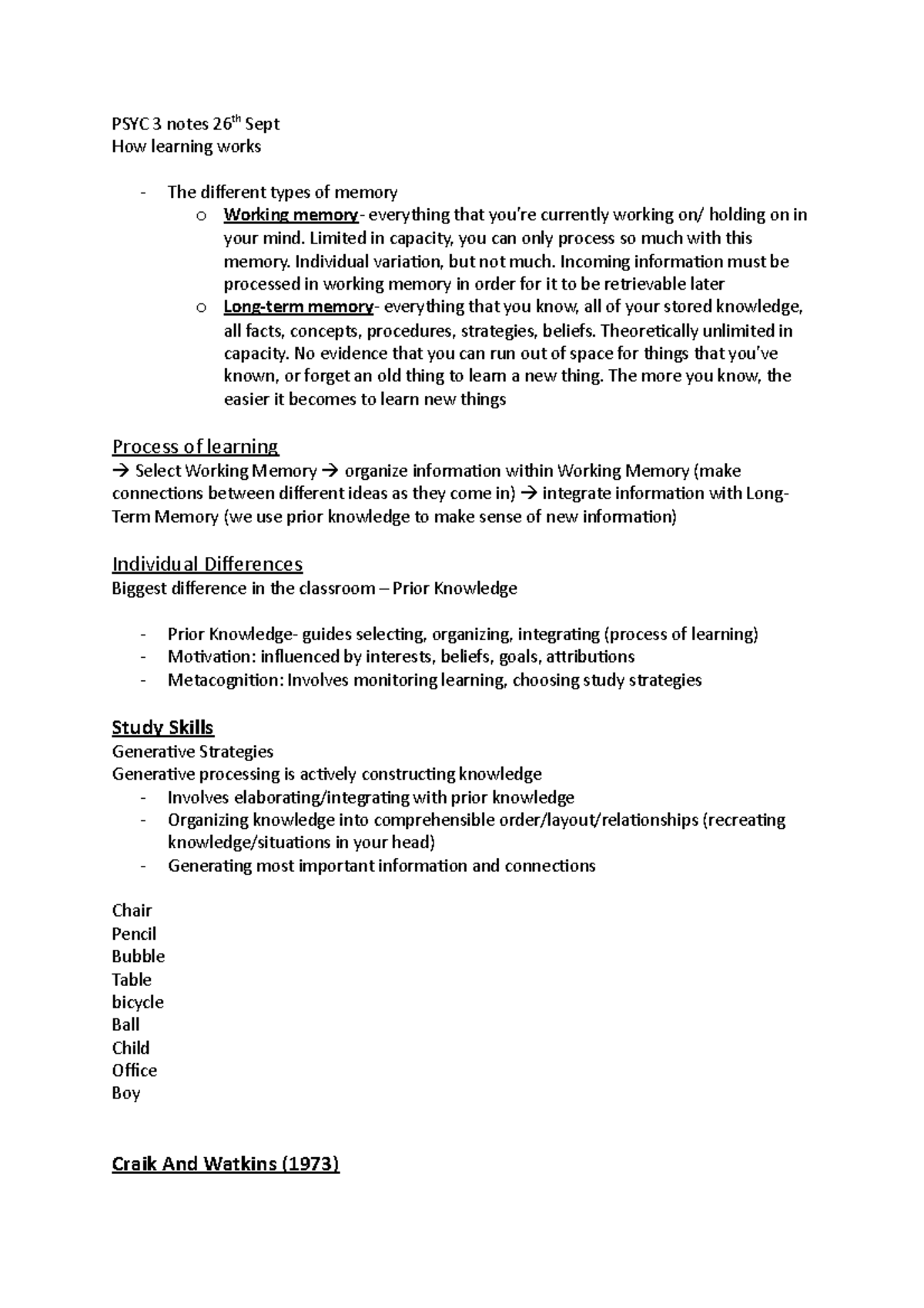 PSYC 3 notes 26th Sept - PSYC 3 notes 26th Sept How learning works The ...