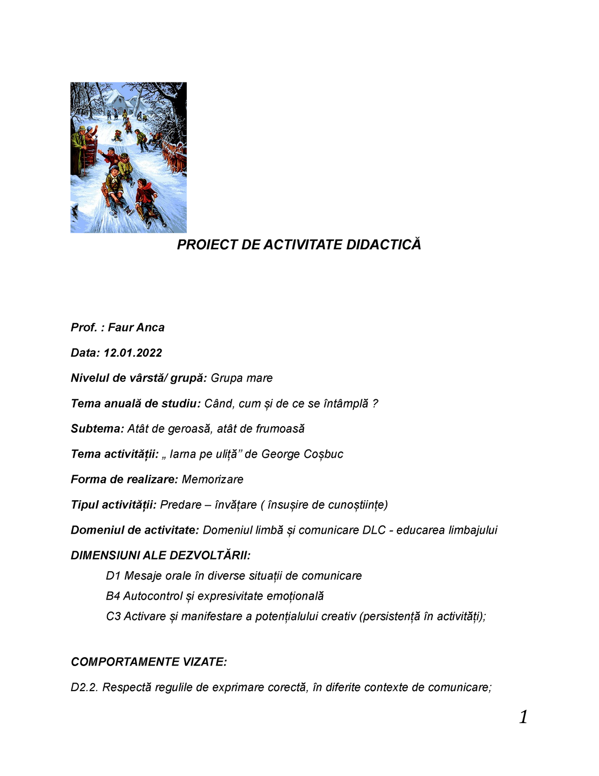 Iarna Proiect Didactic Proiect De Activitate DidacticĂ Prof Faur