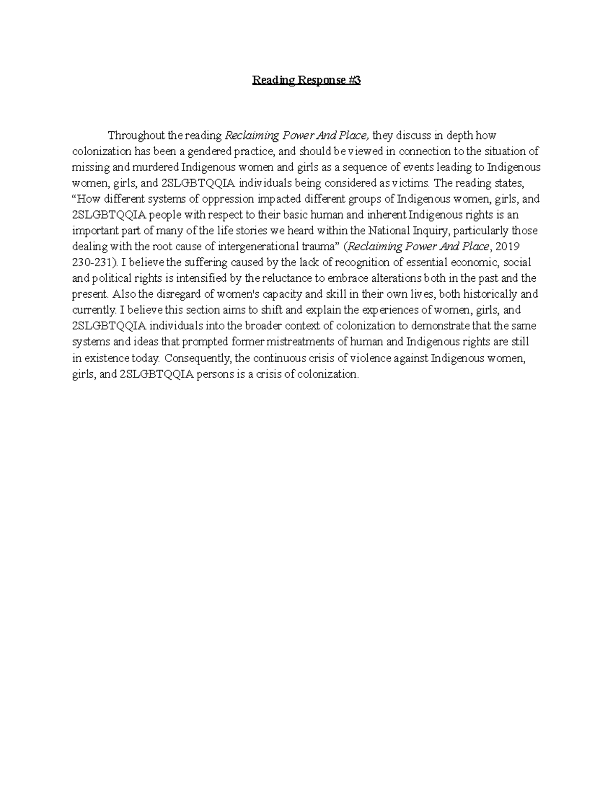 Reading Response #3 - Practice example - Reading Response # Throughout ...