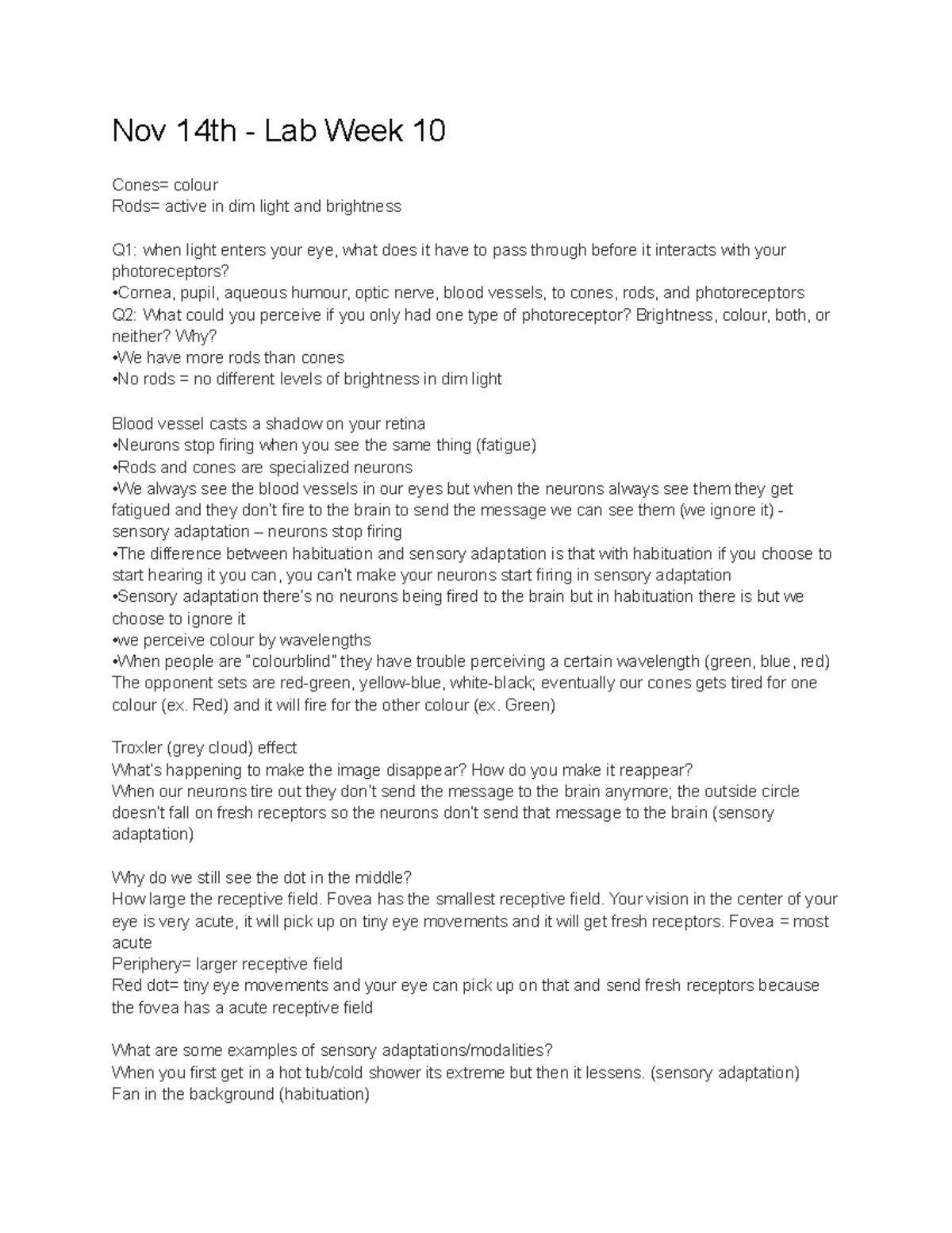 PSYC 100 Week 10 Pre Lab Psych Labs Nov 14th Lab Week 10 Cones