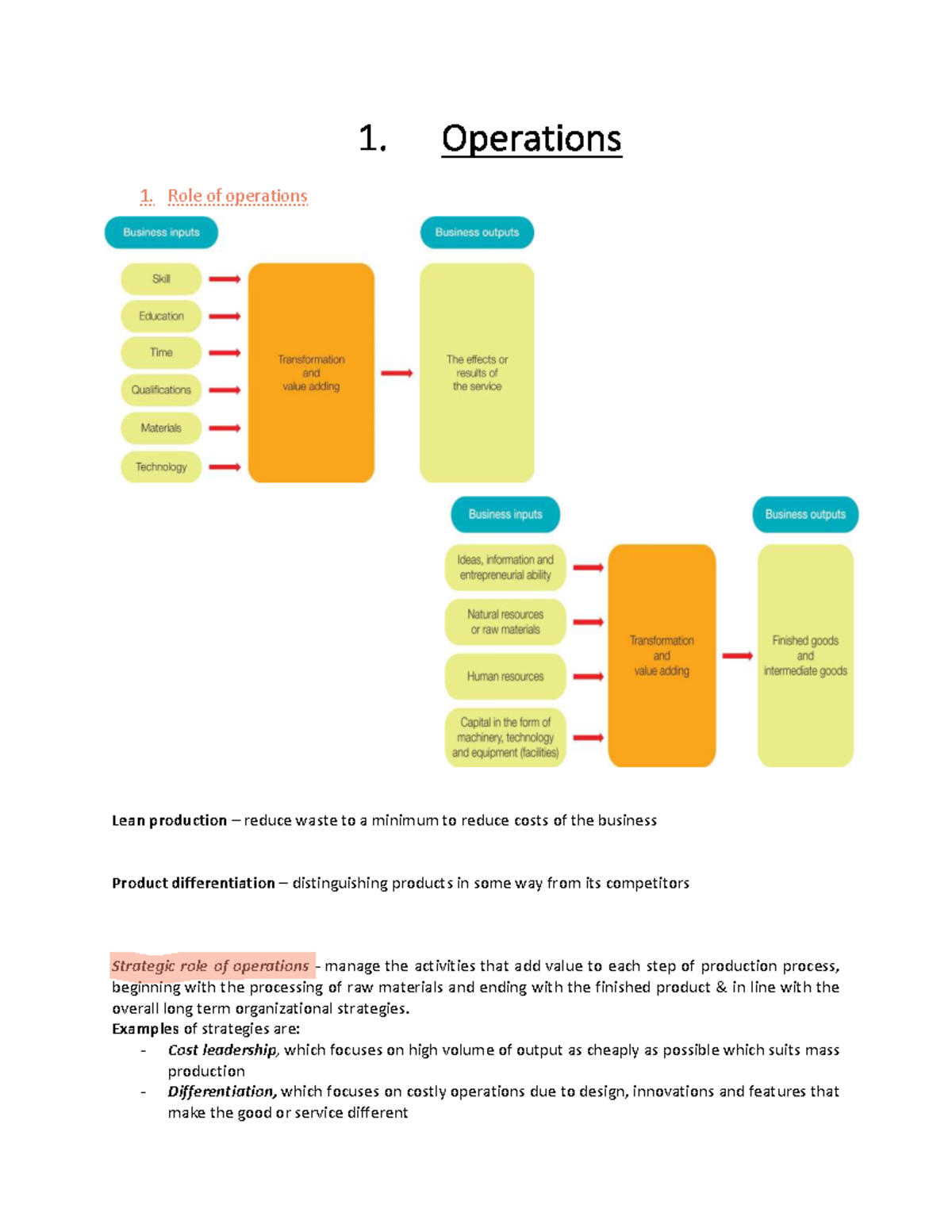 All business notes 6173ec9b6344f - 1. Operations 1. Role of operations ...