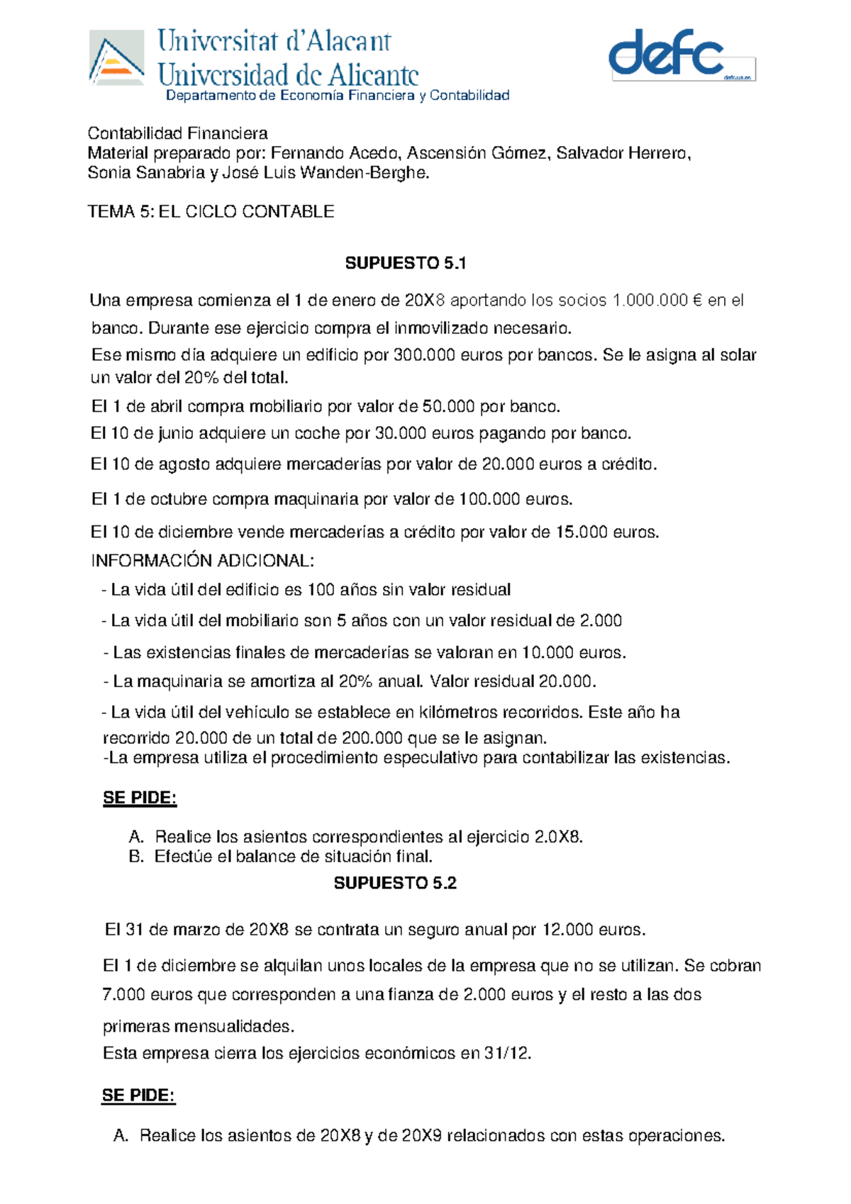 Enunciados Supuestos Tema 5 Una Empresa Comienza El 1 De Enero De