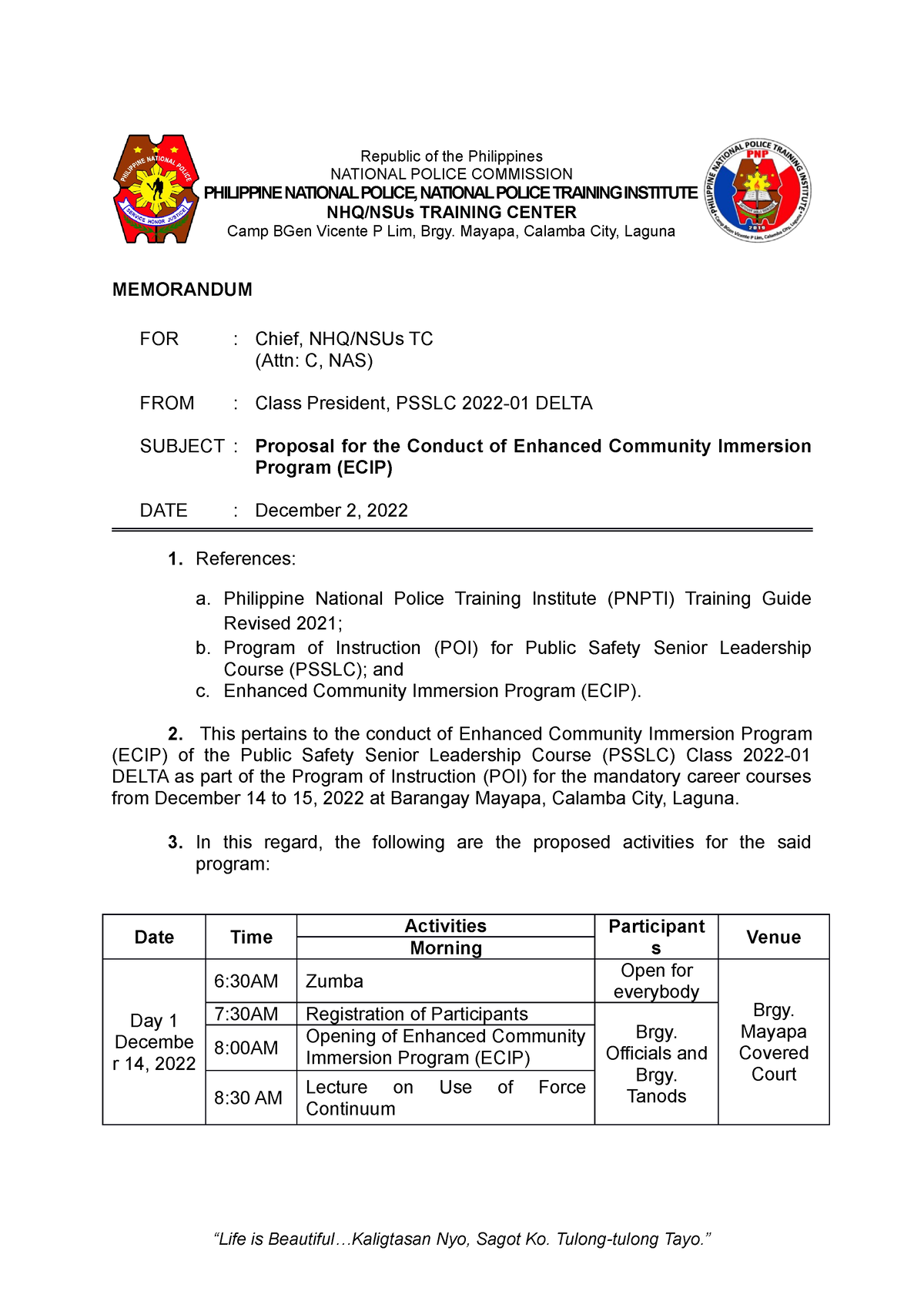 Proposal To Conduct ECIP - MEMORANDUM FOR : Chief, NHQ/NSUs TC (Attn: C ...