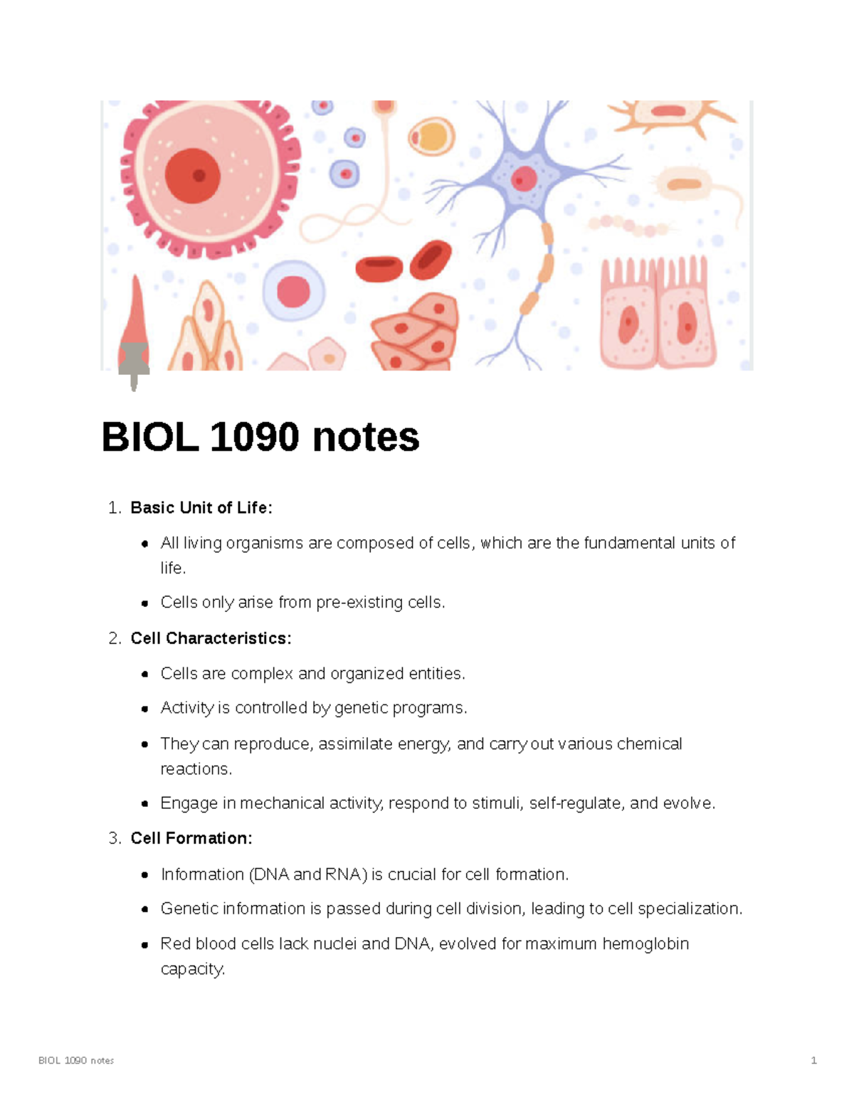 BIOL1090 Summarized Notes - BIOL 1090 Notes Basic Unit Of Life: All ...