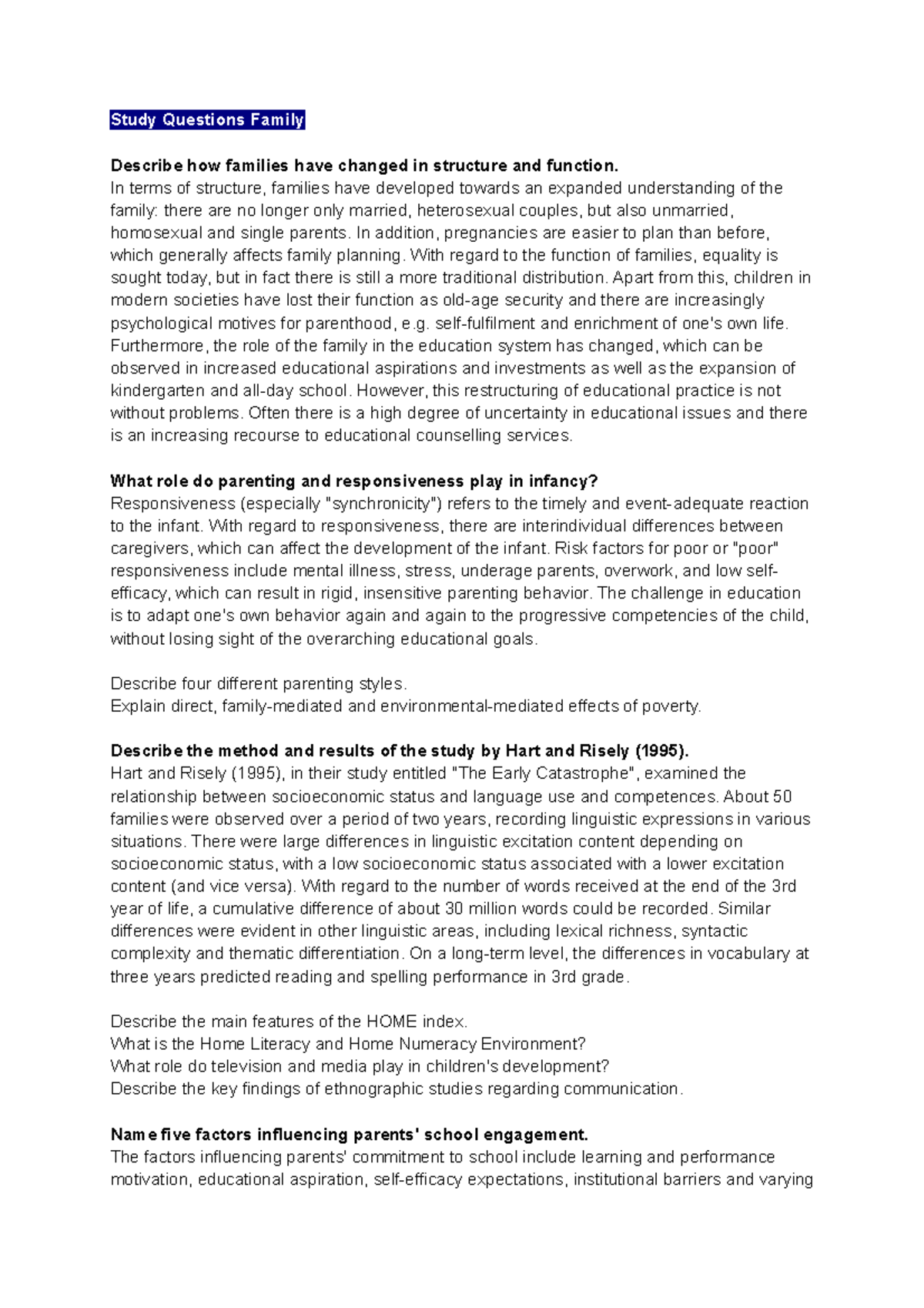 Study Questions 7 - Family - Study Questions Family Describe how ...