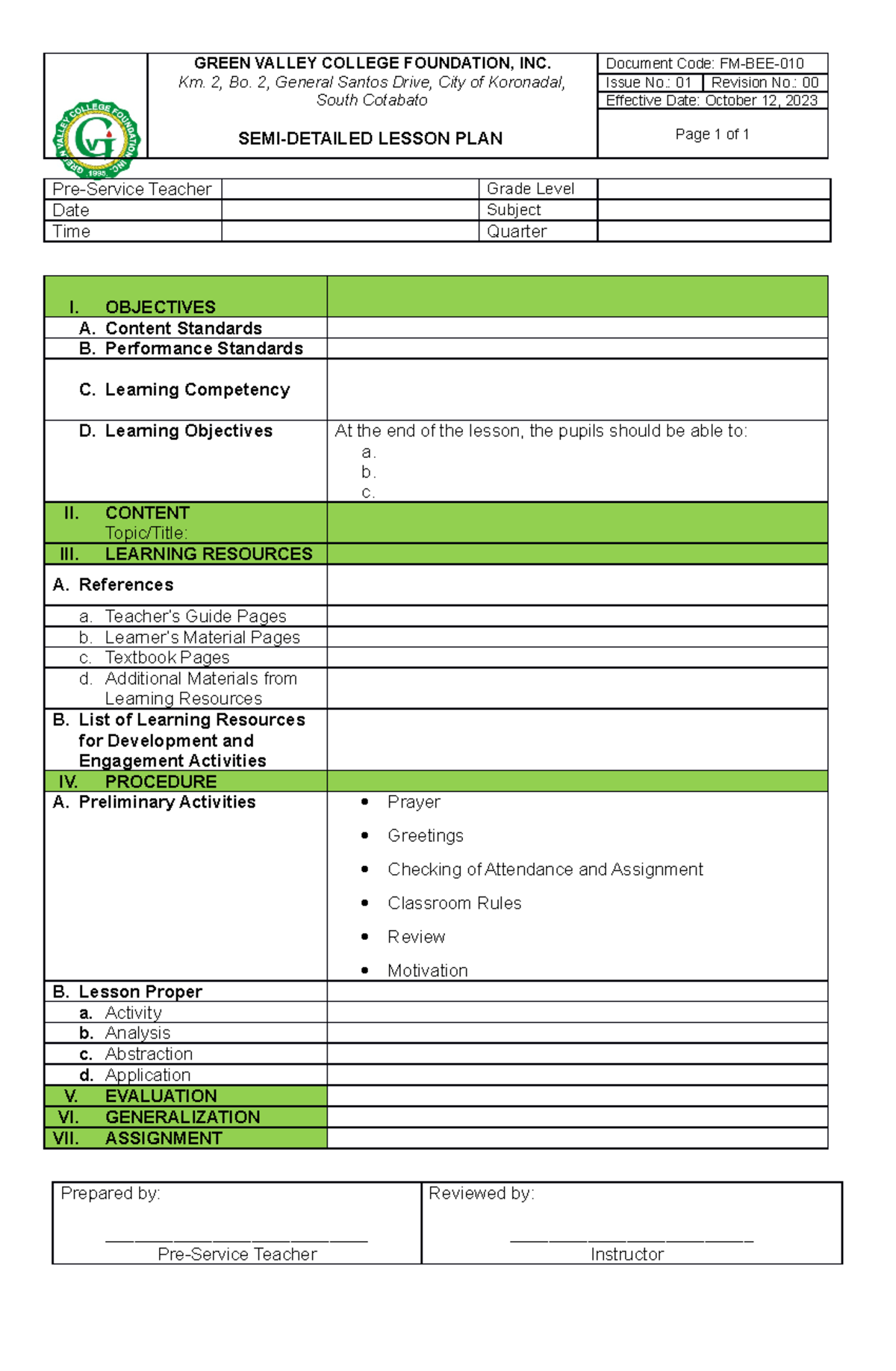 Fm Bee 010 Semi Detailed Lesson Plan Green Valley College Foundation Inc Km 2 Bo 2 9110