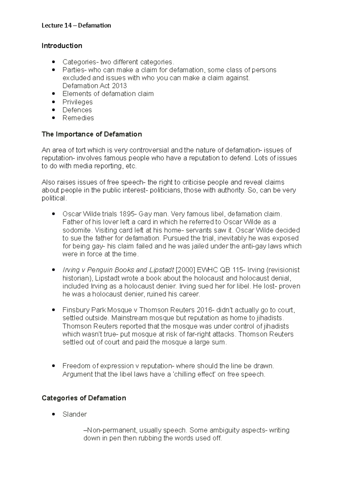 Lecture 14 - Defamation - Introduction Categories- two different ...