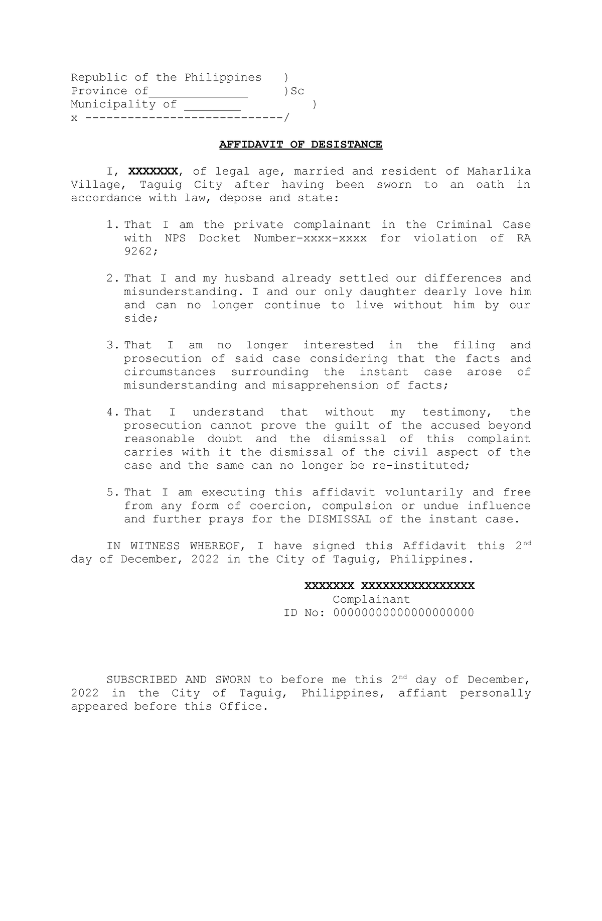 Affidavit fo Desistance - Republic of the Philippines ) Province of ...