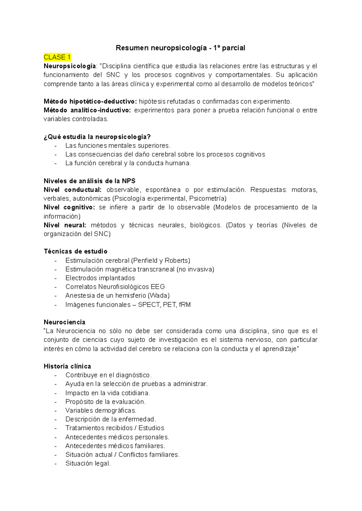 Resumen Neuropsico - Resumen neuropsicología - 1º parcial CLASE 1 ...