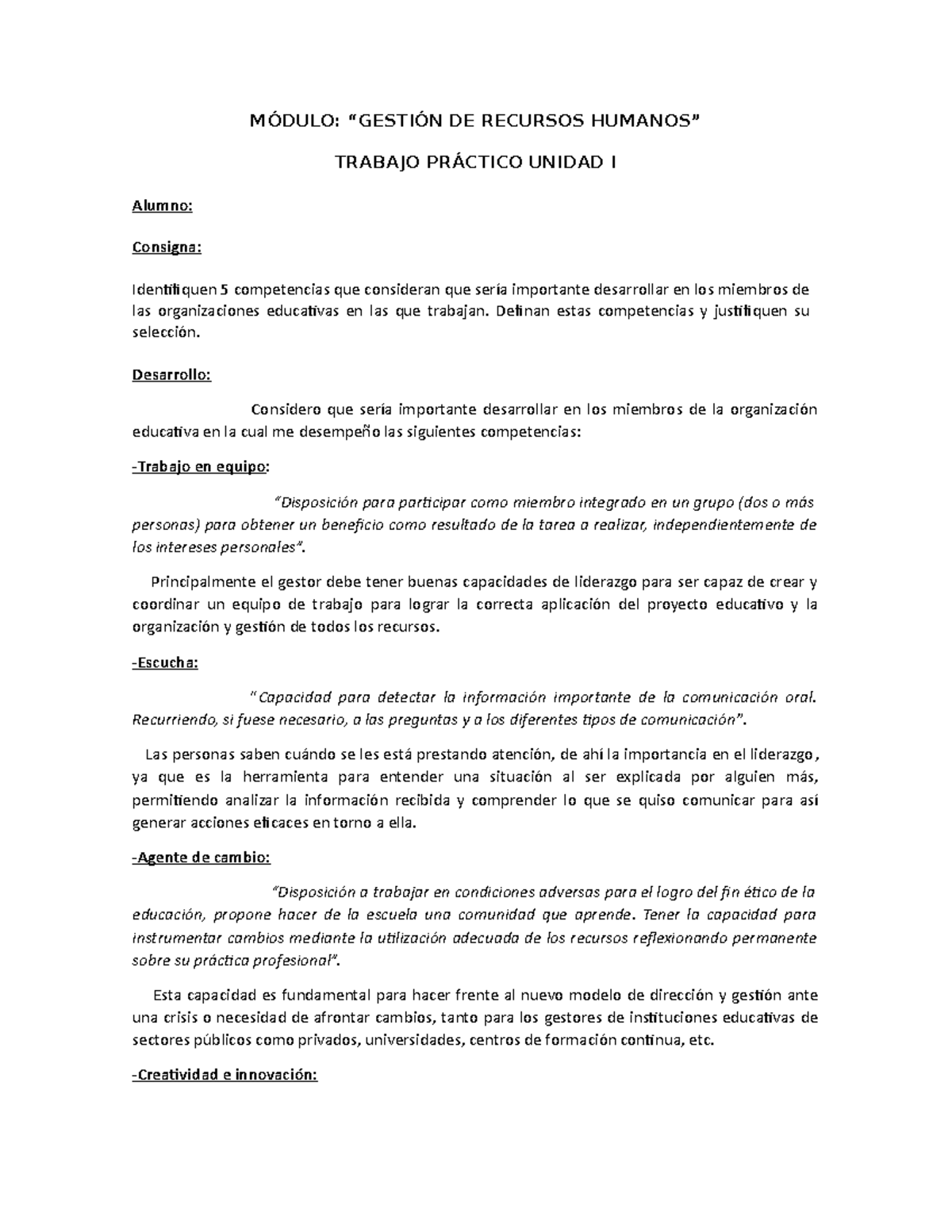 Trabajo Práctico Unidad I RRHH Ucasal - MÓDULO: “GESTIÓN DE RECURSOS ...