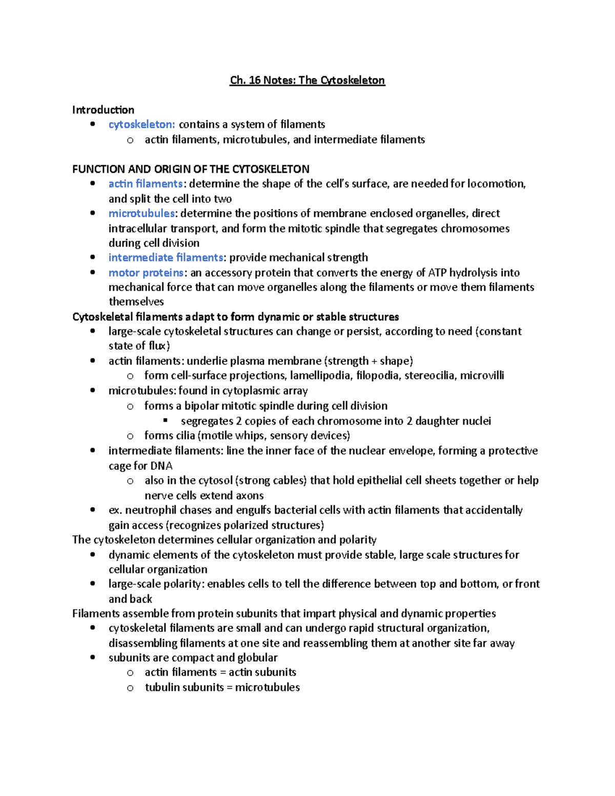 Ch. 16 - The Cytoskeleton - Ch. 16 Notes: The Cytoskeleton Introduction ...