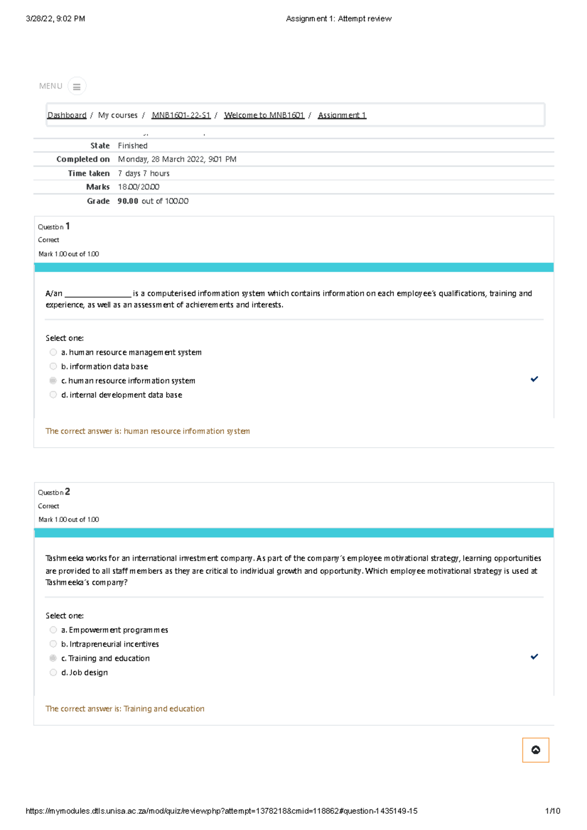 Assignment 1 Feedback - Started On Monday, 21 March 2022, 1:05 Pm State 