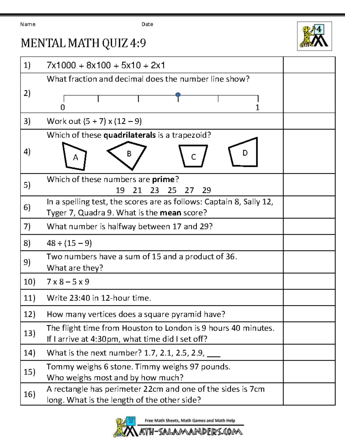 Mental math 4th grade 9 - Math - Name Date MENTAL MATH QUIZ 4: 7x1000 ...