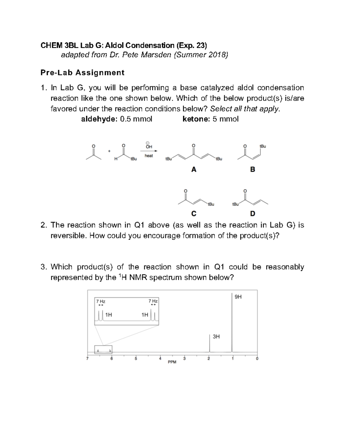 Lab G Pre Lab 3BL Sp20 - CHEM 3BL Lab G: Aldol Condensation (Exp. 23 ...