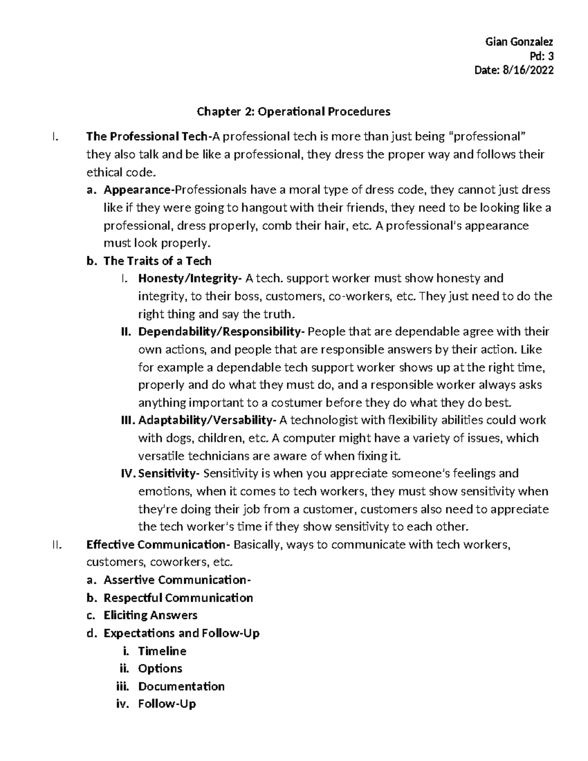 Chp. 2 Operential Procedures - Gian Gonzalez Pd: 3 Date: 8/16/ Chapter ...