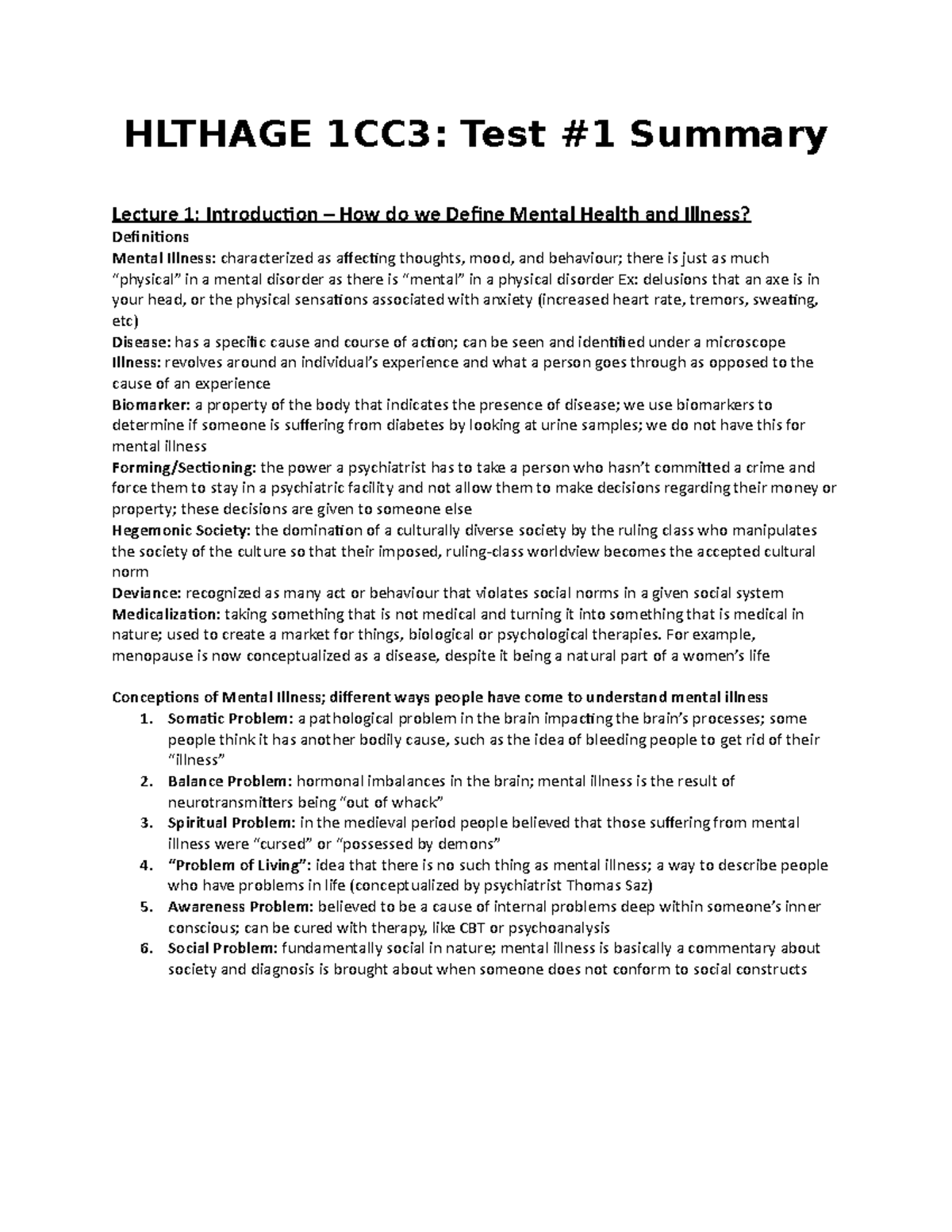 H Lthage 1CC3 - Summary for Test 1 - HLTHAGE 1CC3: Test #1 Summary ...