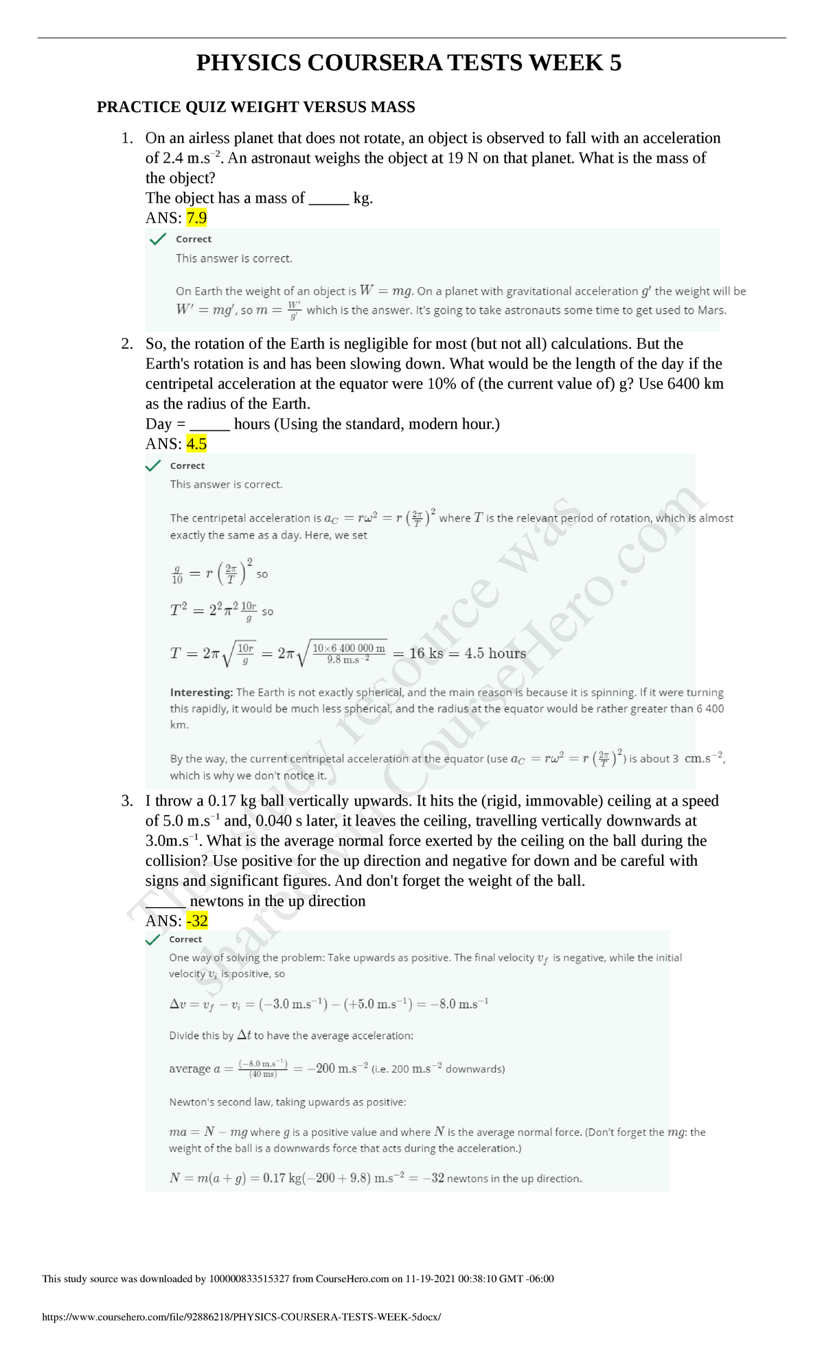 Physics Coursera Tests WEEK 5 - General Physics 1, Laboratory - ANTEO - Studocu