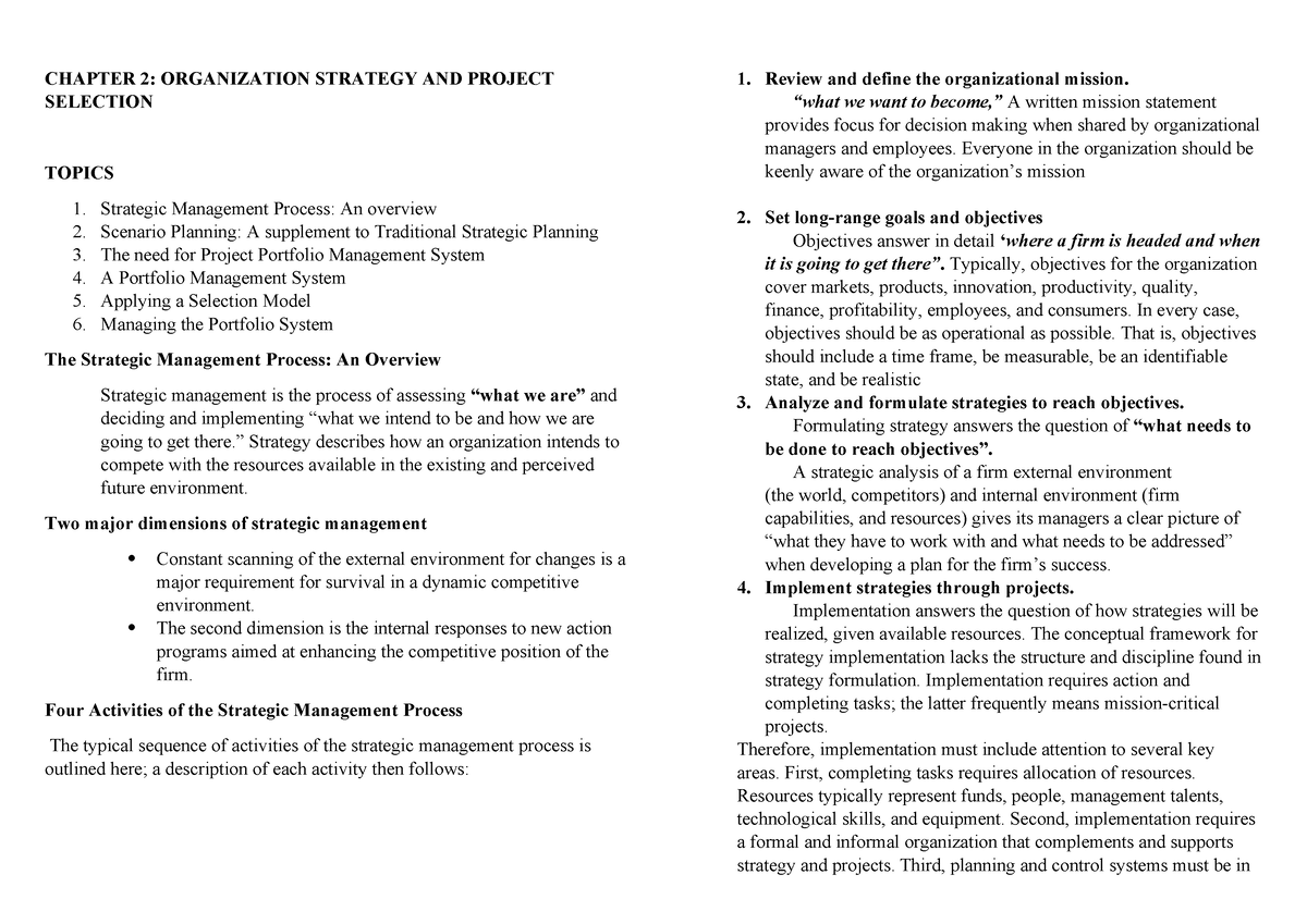 Chapter 2 - Notes - CHAPTER 2: ORGANIZATION STRATEGY AND PROJECT ...