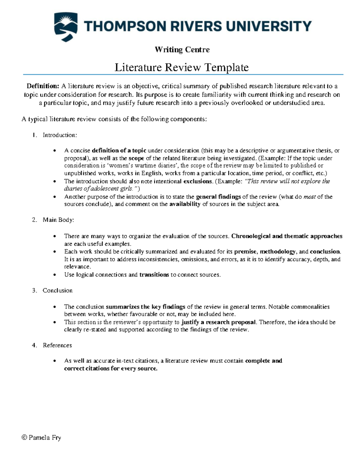 Literature Review Guide - © Pamela Fry Writing Centre Literature Review ...