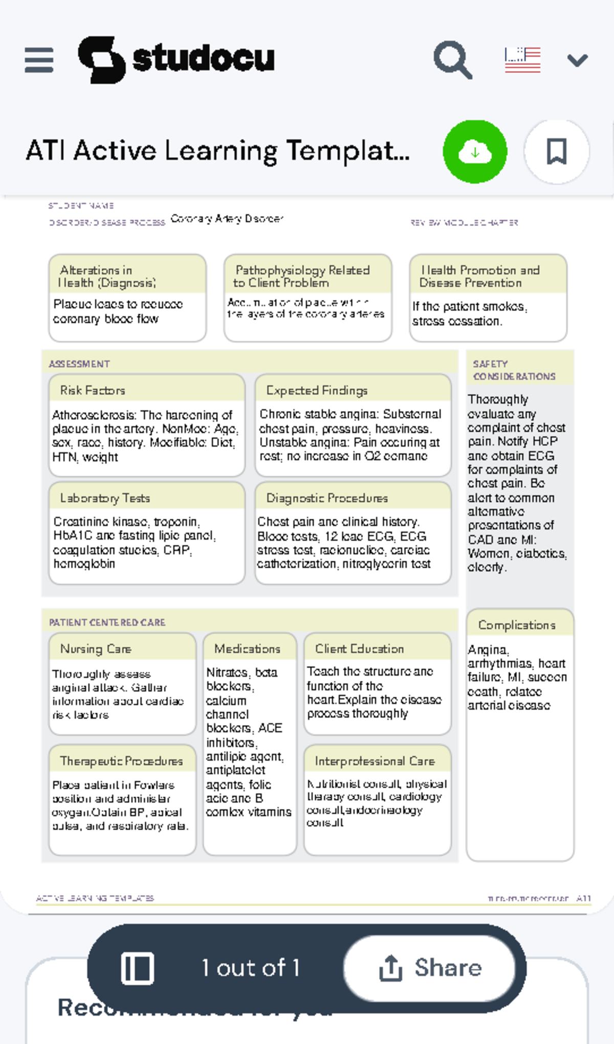 ATI Active Learning Template System Disorder Coronary Artery Disease ...