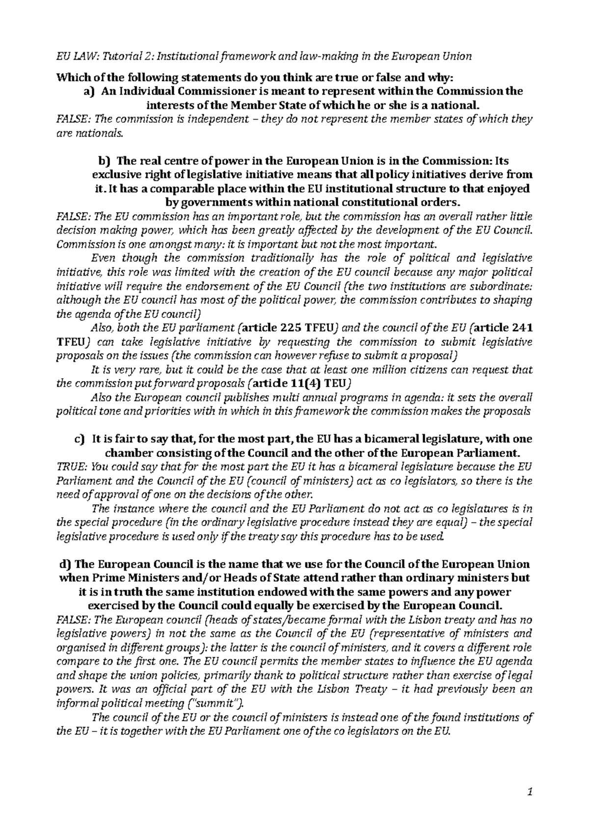 Tutorial 2 EU LAW Tutorial 2 Institutional Framework And In The 